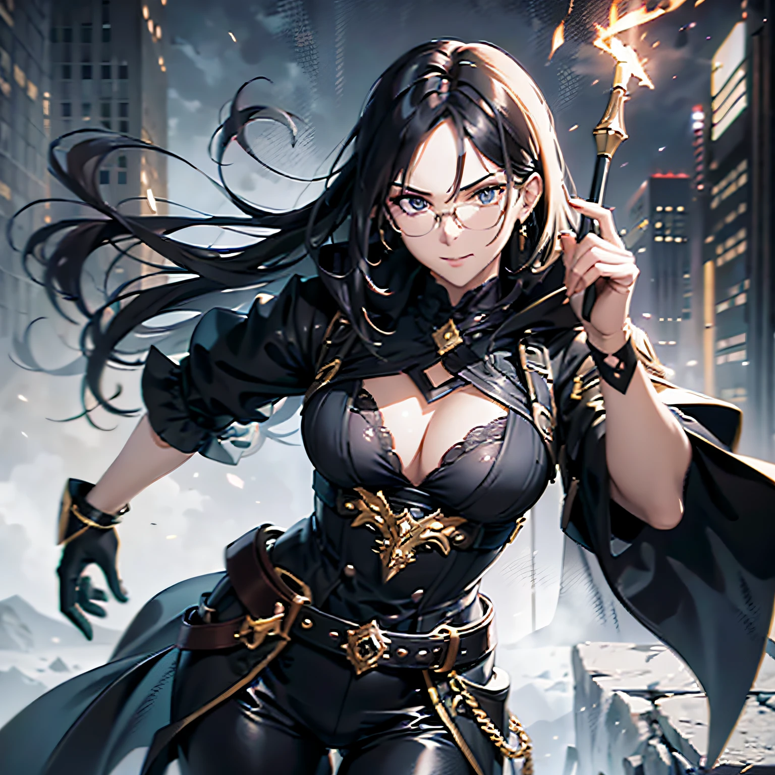 Imagine a protagonist with an imposing posture, wearing dark and elegant clothes, a golden glasses and with an elegant mustache. Use dramatic lighting, intense shadows highlighting your figure. The scene should be creepy, with subtle cloudiness all around. Add subtle details, such as expressive eyes and an enigmatic smile, to create a sense of intrigue. The image should suggest a story, suggesting that this character is a protagonist on a journey full of challenges. Dynamic pose, animated pose. Cinematic, ultra detailed, ultra artistic, ultra cinematic, 8K, perfect resolution.