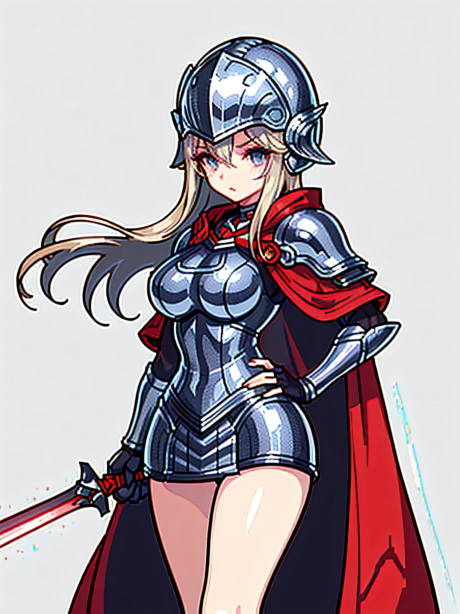 [Pale skin], (( ( brunette )) , ( girls ) , (big breasts) , lace skirt, ((red cloak)), ((silver armor)), ((silver helmet)), ((helmet covers eyes)), ((holding iron sword)), blue ribbon , chest armor , slim, (long hair), (blush), upper part, sexy pose, [anger]], [hostility], , (solo), facing the audience, (((simple background))), (close-up)),