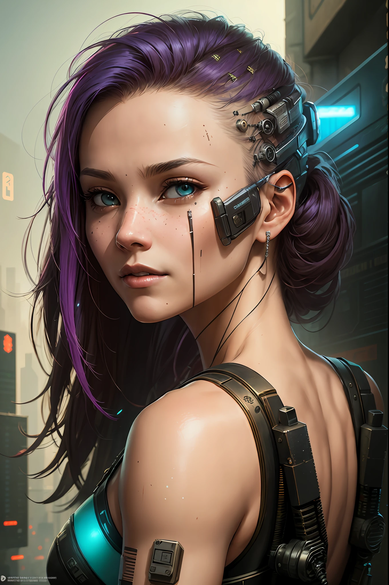 Dystopian, [sci-fi], High Detail RAW color Photo, full Shot of (cute female arterial intelligence, wearing see-through white chemise), outdoors, standing, long hair, toned physique, large ass, (pale skin), perfect face, (cybernetic implants:1.2), (augmentations), (cyborg:1.1), (detailed skin, diffused skin pores), silicone, metal, (highly detailed, fine details, intricate), (lens flare:0.5), (bloom:0.5), smog, dust, (badlands:0.8), (observitory:0.7), raytracing, specular lighting, shallow depth of field, photographed on a Sony Alpha 1, EF 85mm lens, f/2.8, hard focus, smooth, cinematic film still, [Cyberpunk:Orwelian:12]
(ultimate phtoreal Concept Art), cyberpunk environment:1.2, ([cyberpunk : fantasy : 25]), fantasy punk, asian punk, steam punk, 3D, space, sci-fi, vector, enviroment, cyberpunk, space station, fantasy town street on background, city lights background,