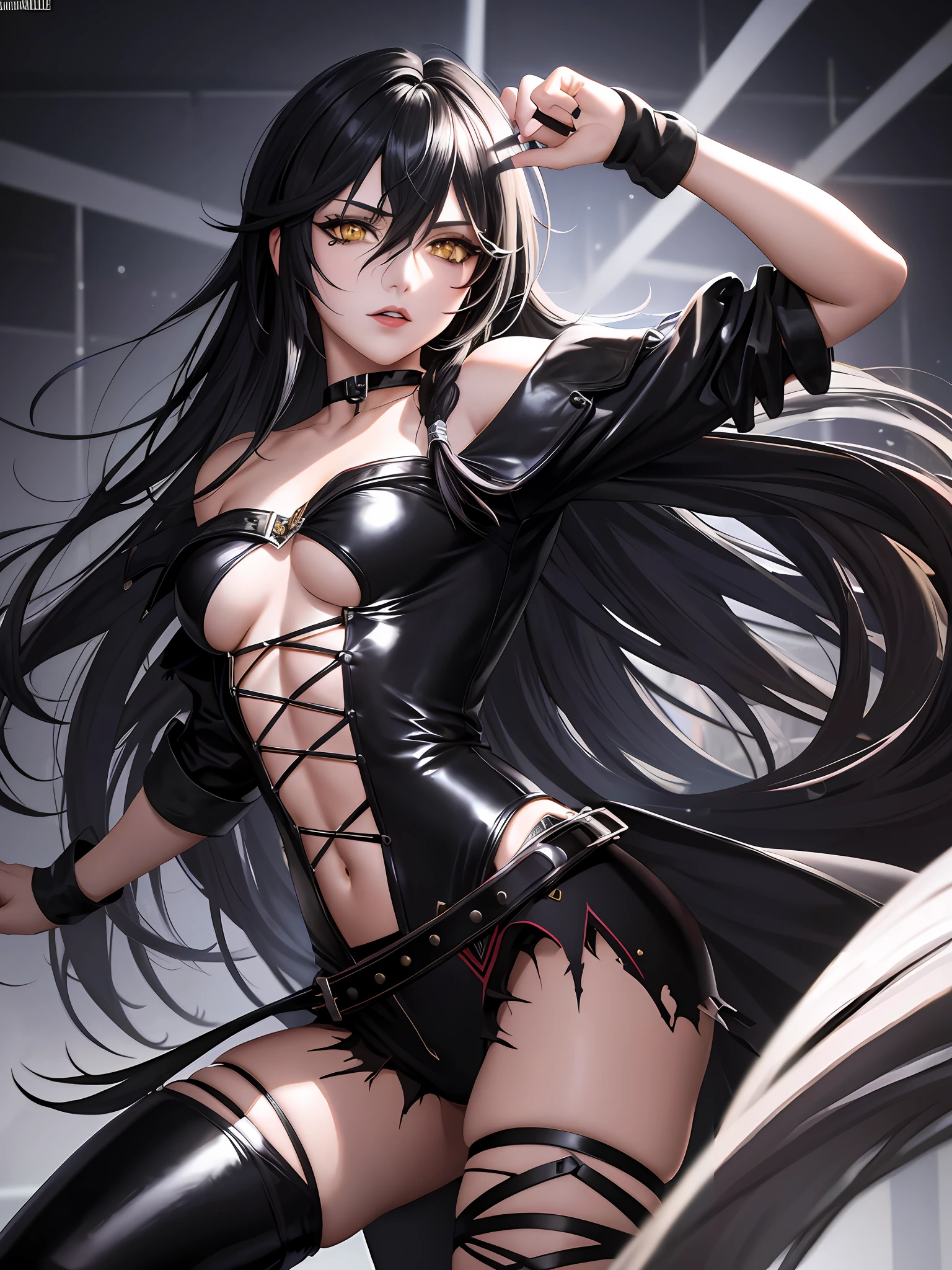masterpiece, ultra high quality CG, best quality, perfect picture, solo, Velvet Crowe (yellow eyes, white skin, messy black hair too long, choker, small breasts, lipstick, makeup, eyeliner) dancing in a nightclub wearing latex clothes
