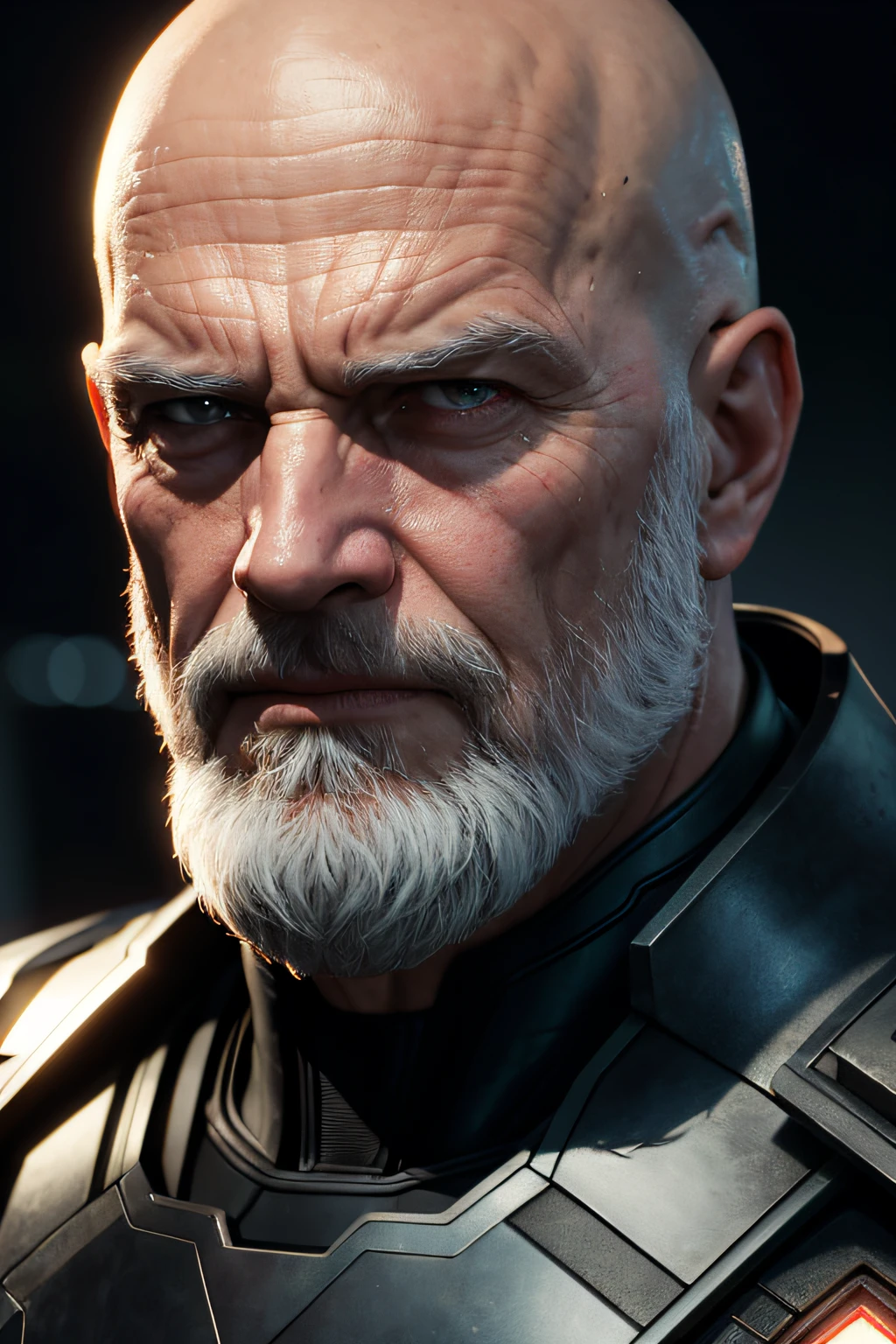 Marvel, Old man bald, realistically, dynamic lights, old, short beard gray, full footage, (extremely detailed 8k wallpaper of CG unit), trend in ArtStation, trend in CGSociety, high detail, sharp focus, dramatic, photorealistic