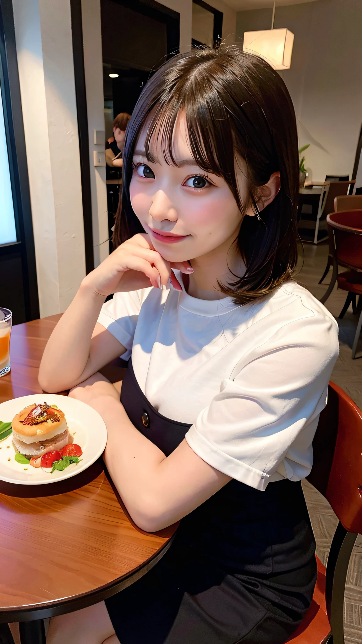 woman sitting at a table with a plate of food and a drink, young gravure idol, realistic young gravure idol, young pretty gravure idol, chiho, captured on canon eos r 6, 🤤 girl portrait, shikamimi, young skinny gravure idol, with short hair, 奈良美智