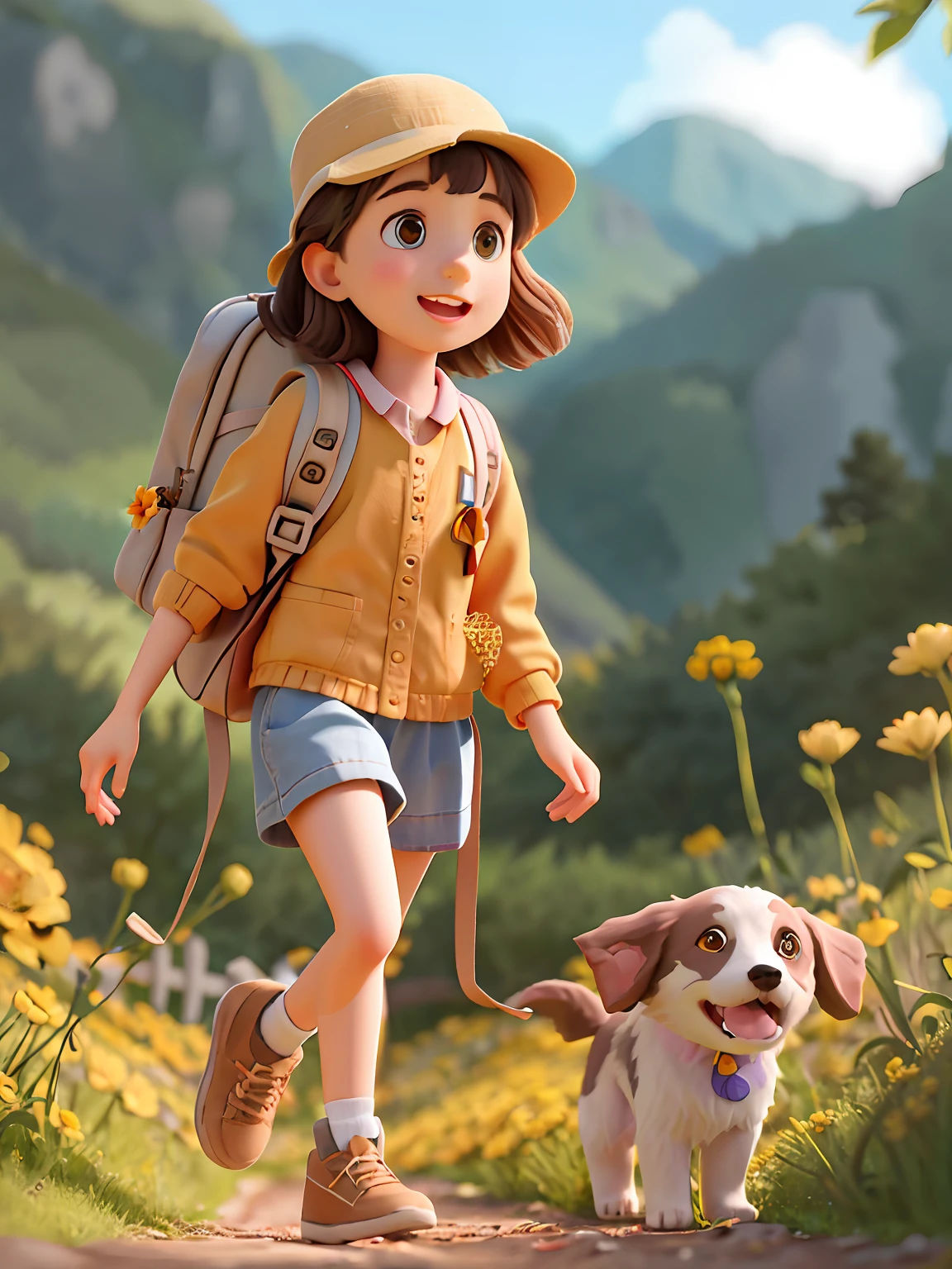 A very charming *********** with a backpack and her cute border collie puppy enjoying a lovely spring outing surrounded by beautiful yellow flowers and nature. The illustration is a high-definition illustration in 4K resolution with highly detailed facial features and cartoon-style visuals.