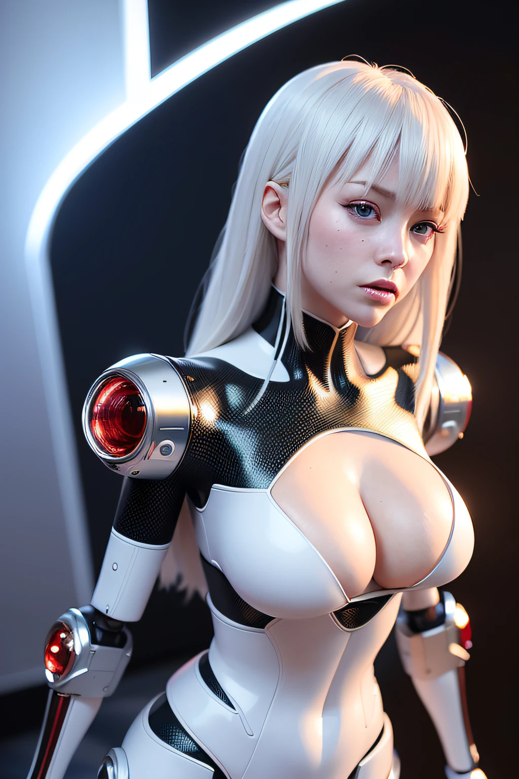 Intricate 3d rendering of a beautiful porcelain silhouette female robot face, (unfolded, (robot: 1.7), (up to: 1.7), detailed bodysuit, LED and (robot part: 1.2), (cleavage: 1.4), (beautiful hairstyle: 1.2), (looking at the audience: 1.6), 150 mm, beautiful studio soft light, edge light, vibrant details, luxurious cyberpunk, lace, surrealism, anatomy, cable wire, microchip, elegant, beautiful background, octane rendering, HR Giger style , 8k, best quality, masterpiece, beautiful, an elegant, beautiful, detailed, CG, unity, wallpaper, (photo-portrait: 1.37), amazing, fine detail, mastery, best quality, official art, very detailed CG unified 8k wallpaper, ridiculous, unbelievably ridiculous, robot, full body, emmastone