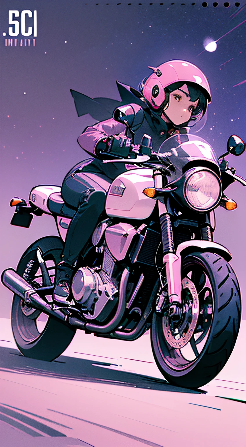 (masterpiece), (best quality), (best detail), (distant general view), (postage stamp),(main color of illustration: light pink), (secondary color: bright violet), a cafe racer motorcycle driven by a woman with challenging stance, highly detailed chassis, western futuristic scenery, night (many stars, moon), shading (detailed, much contrast), very saturated pulp colors