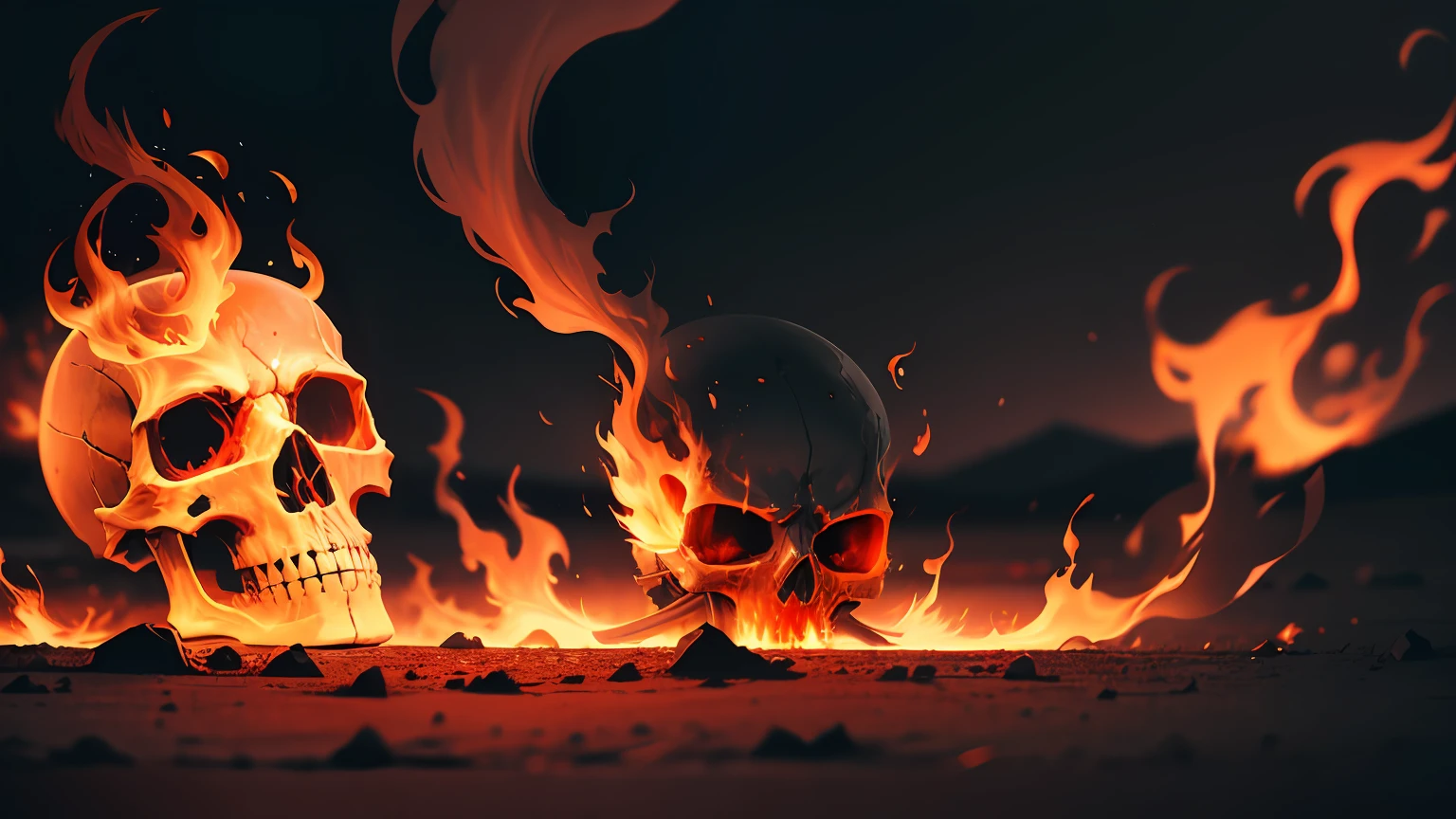 A flaming skull in a dark and eerie setting, with red and orange flames dancing around it, emanating an eerie glow, creating a striking contrast with the surrounding darkness, conveying a sense of mystery and danger, Photography, wide angle lens,