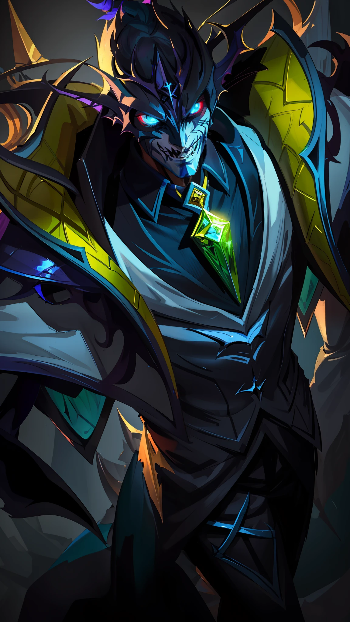 a close up of a person with a bat on a dark background, amazing portrait of viego, shaco from league of legends, painted portrait of mordekaiser, league of legends character art, league of legends character, extremely detailed artgerm, tane skin, inspired by Huang Shen, chaos nightmare ❄️ amour venom, league of legends concept art, league of legends art