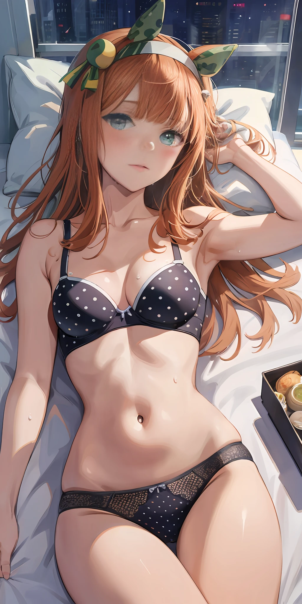 masterpiece, top quality, lying on side, full body wide angle, blush, sweat, small breasts, silence suzuka \(umamusume\), see through polka dot bra and polka dot panties, bedroom on the bed, night