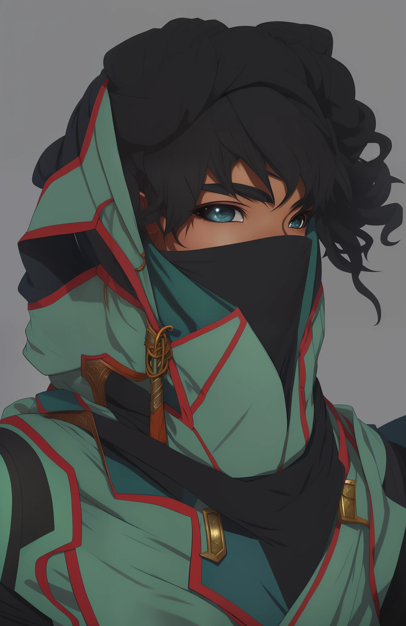 a drawing of a person with a scarf on and a hood on, unknown artstyle, sage ( valorant ), jett from valorant, portrait of a dnd character, concept headshot art, sketchy artstyle, trigger anime artstyle, detailed character portrait, afrofuturism anime, but the armor covers her face, portrait dnd, colored sketch, highly detailed exquisite fanart