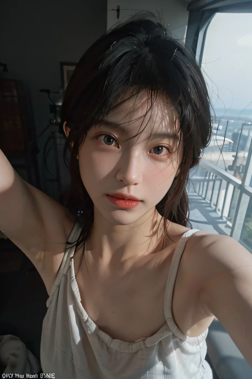 8K, Best Quality, Masterpiece, Ultra High Resolution, (Realism: 1.4), Original Photo, (Realistic Skin Texture: 1.3), (Film Grain: 1.3), (Selfie Angle), 1 Girl, Beautiful Eyes and Face Details, Masterpiece, Best Quality, Close-up, Upper Body, Looking at the Viewer