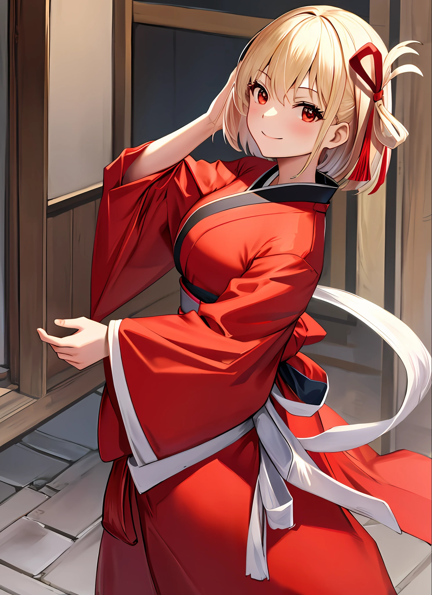 Anime girl in red kimono outfit standing in front of a building - SeaArt AI