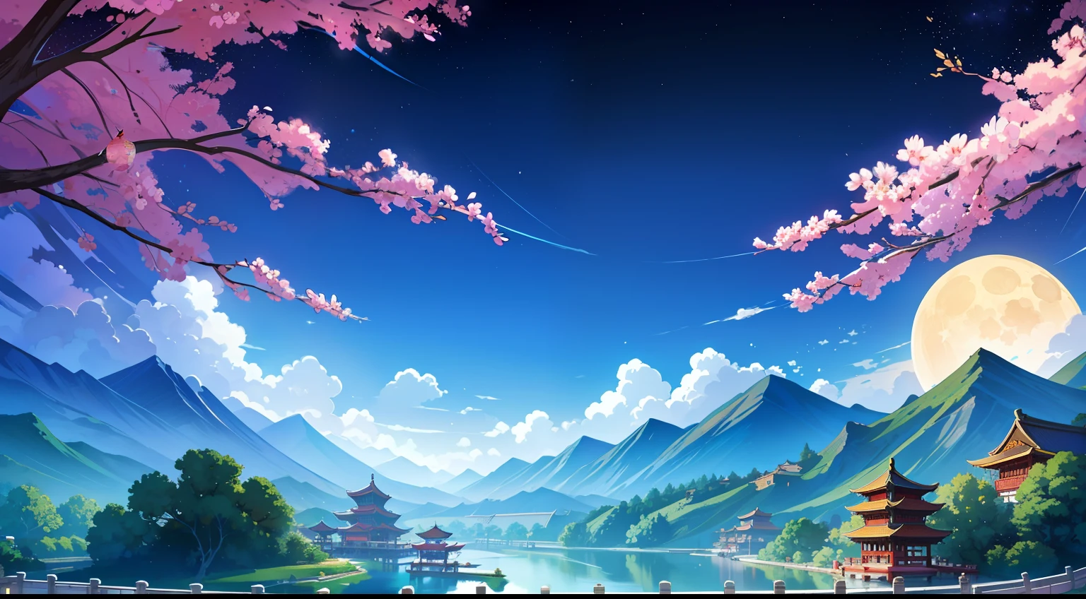 ancient chinese background, mountains, rivers, clouds, pavilions,moon, starry sky masterpieces, hd, high quality, best quality, highres, high quality, high details, masterpiece, anime style, anime