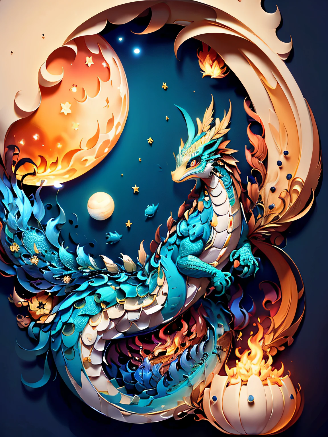(((masterpiece))),best quality, illustration, castle, one dragon, large egg, a moon, fire, paper_cut