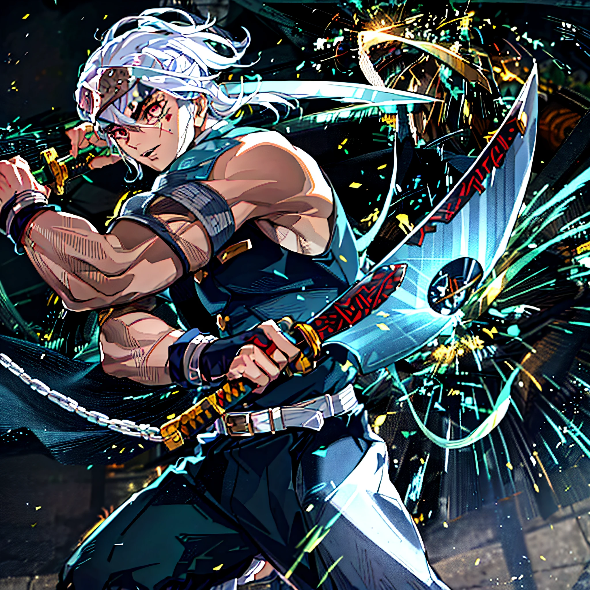A shinobi standing on a rooftop wielding 2 blades, 1guy, demon slayer, tengen uzui, shinobi, anime, ultra detailed, beautiful body, detailed clothes, good physique, detailed background, white hair, sword, running, chain, 1guy, solo, fullbody, perfect details, good anatomy, ((tengen dual nichirin sword:0,8)), the sword from the reference image