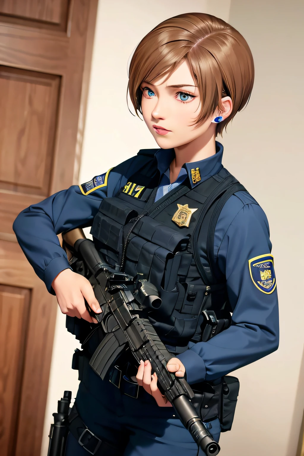 1girl, sxtopaz, short hair, brown hair, earrings, police uniform, m16 assault rifle
