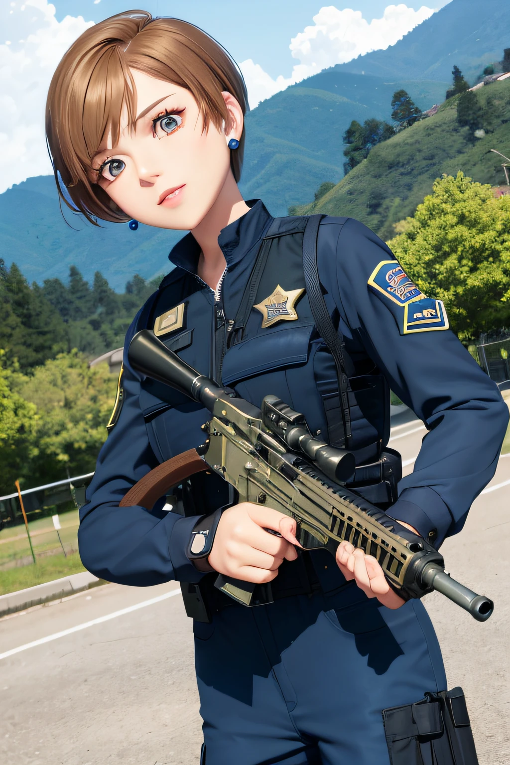 1girl, sxtopaz, short hair, brown hair, earrings, police uniform, m16 assault rifle