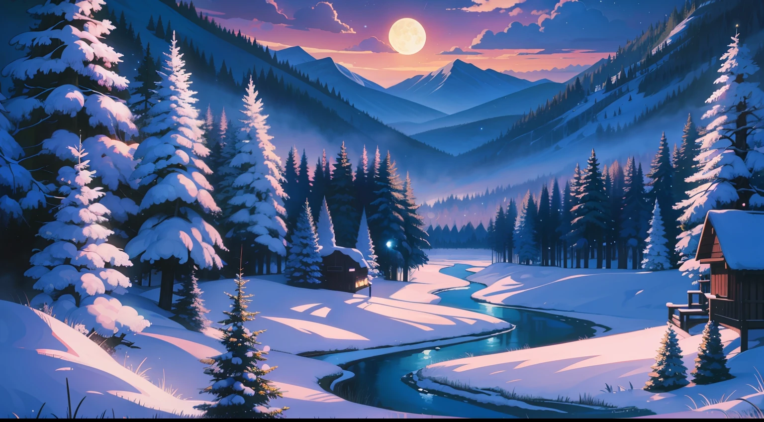 forest, mountains, rivers, clouds,moon, starry sky masterpieces, HD, high quality, best quality, highres, high quality, high details, masterpiece, anime style, anime