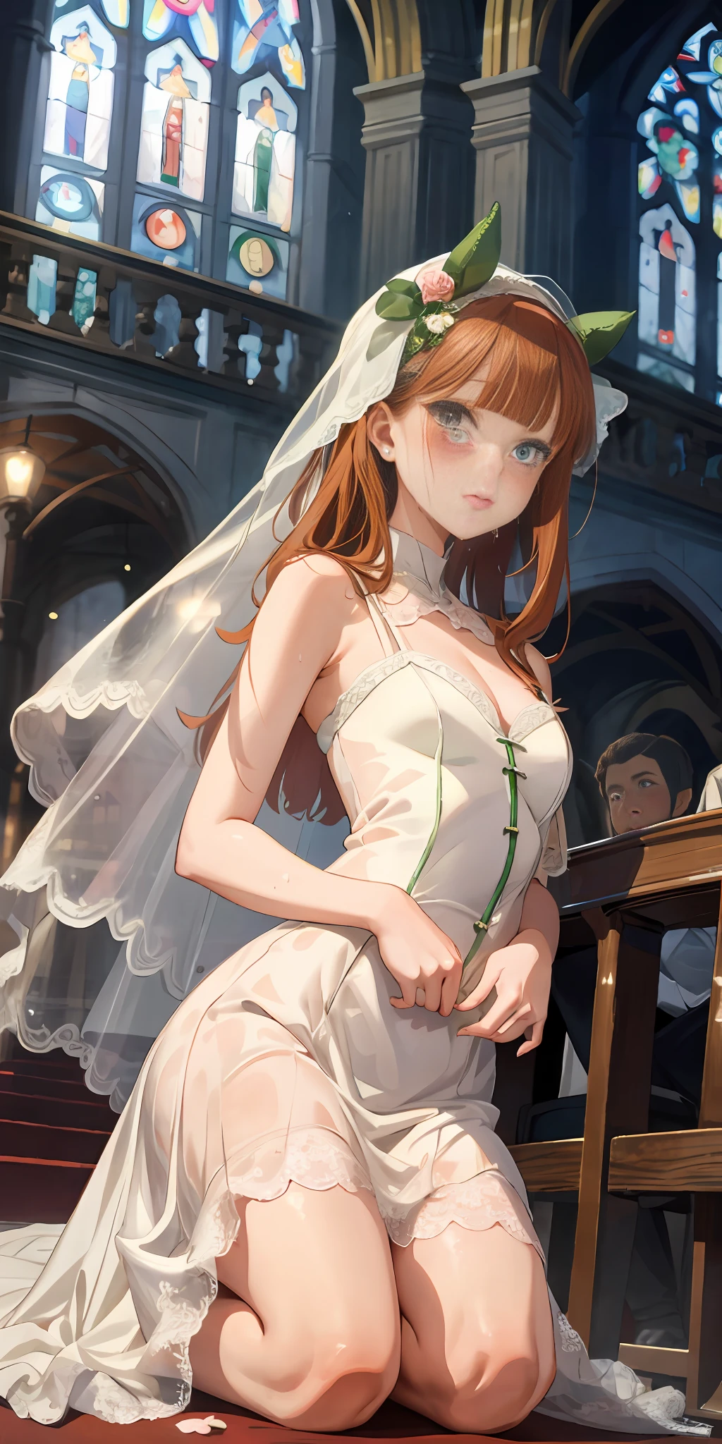 masterpiece, top quality, charming poses, full body wide angle, from below, blush, sweat, small breasts,
Silence Suzuka \,see through lace wedding dress, church cum on body