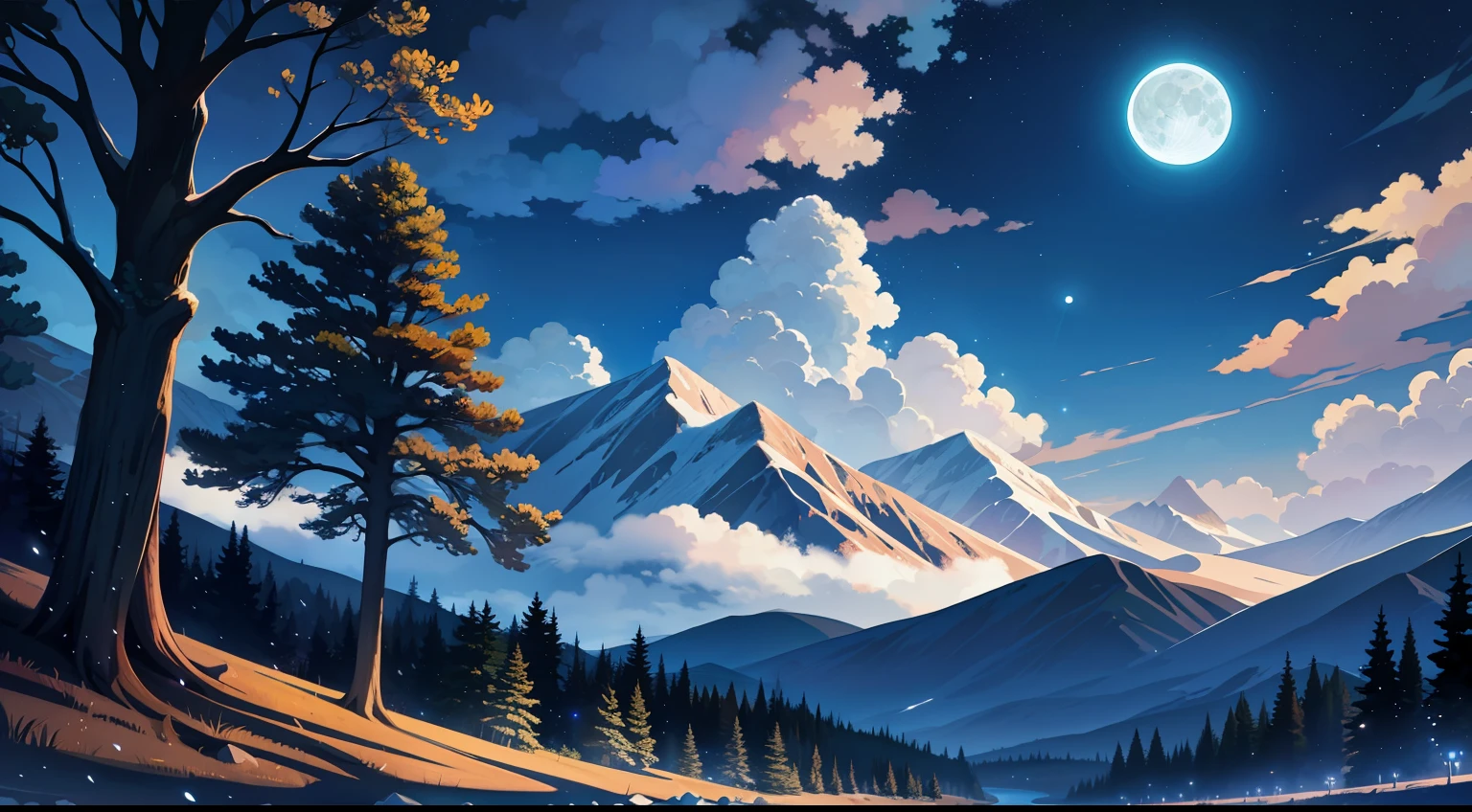 forest, mountains, rivers, clouds,moon, starry sky masterpieces, HD, high quality, best quality, highres, high quality, high details, masterpiece, anime style, anime