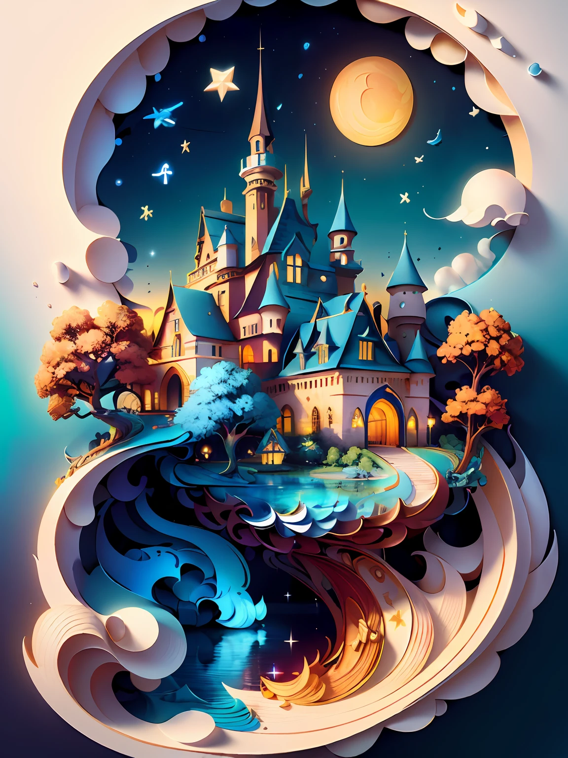 (((masterpiece))),best quality, illustration,  sky, cloud, water, star \(symbol\), tree, no humans, night, bird, moon, building, star \(sky\), night sky, scenery, starry sky, watercraft, castle, ship, waves, tower, boat. vibrant color scheme, Soft light,(warm color:1.2),Water color painting, light background, best quality exquisite details,3d rendering,Octane render, pastel, paper_cut