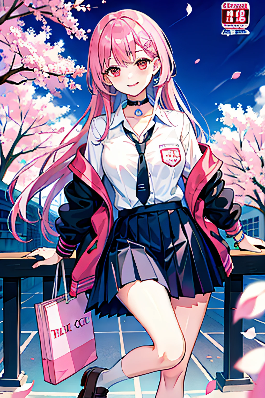 masterpiece, best quality, full body, 1girl, bangs, black choker, black tie, pink hair, blue skirt, blush, bracelet, large breasts, choker, clothes around the waist, collarbone, collar shirt, cowboy shot, dress shirt, ear piercing, eyebrows visible through hair, gradient hair, smile, gyaru, jewelry, kogal, long hair, looking at the viewer, loose tie, tie, piercing, plaid skirt, pleated skirt, red eyes, ring, school uniform, shirt, skirt, smile, solo, white shirt, street, sky, cherry blossoms, petals, illustration, (magazine: 1.3), (cover style: 1.3), elegant, woman, vibrant, clothing, posing, frontal, colorful, dynamic, background, elements, confident, expression, holding, statement, accessory, majestic, rolled, around, touch, scene, text, cover, bold, eye-catching, title, stylish, font, catchy, headline, bigger, impressive, modern, fashionable, focus, fashion,