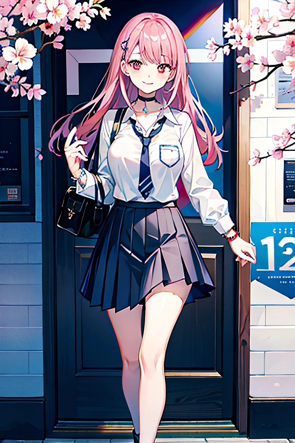 masterpiece, best quality, full body, 1girl, bangs, black choker, black tie, pink hair, blue skirt, blush, bracelet, large breasts, choker, clothes around the waist, collarbone, collar shirt, cowboy shot, dress shirt, ear piercing, eyebrows visible through hair, gradient hair, smile, gyaru, jewelry, kogal, long hair, looking at the viewer, loose tie, tie, piercing, plaid skirt, pleated skirt, red eyes, ring, school uniform, shirt, skirt, smile, solo, white shirt, street, sky, cherry blossoms, petals, illustration, (magazine: 1.3), (cover style: 1.3), elegant, woman, vibrant, clothing, posing, frontal, colorful, dynamic, background, elements, confident, expression, holding, statement, accessory, majestic, rolled, around, touch, scene, text, cover, bold, eye-catching, title, stylish, font, catchy, headline, bigger, impressive, modern, fashionable, focus, fashion,