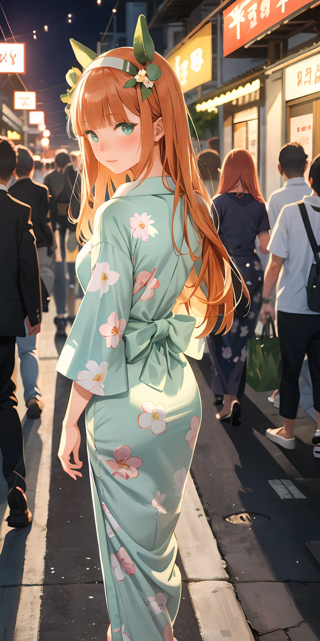 masterpiece, best quality, a back pose, full body wide angle, blush,
silence suzuka \(umamusume\),green and white floral yukata, festival,