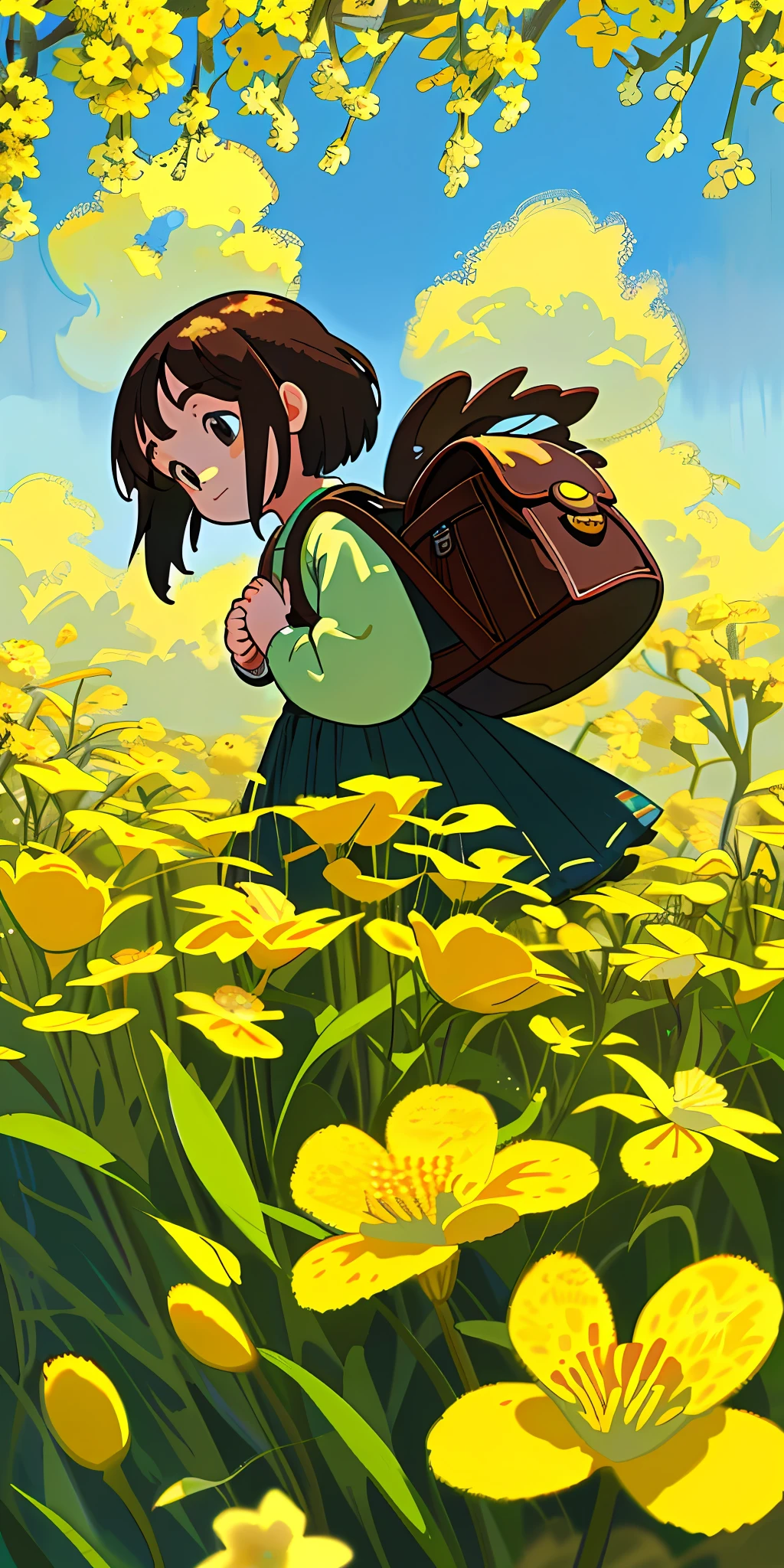 Tip: A very charming little girl with a backpack and her cute puppy enjoying a lovely spring outing surrounded by beautiful yellow flowers and nature. The illustration is a high-definition illustration in 4k resolution, featuring highly detailed facial features and cartoon-style visuals.