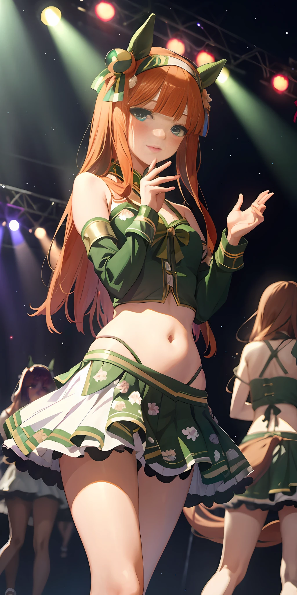 masterpiece, best quality, bewitching poses, full body wide angle, blush,
silence suzuka \(umamusume\),green and white floral bellydancer, festival,