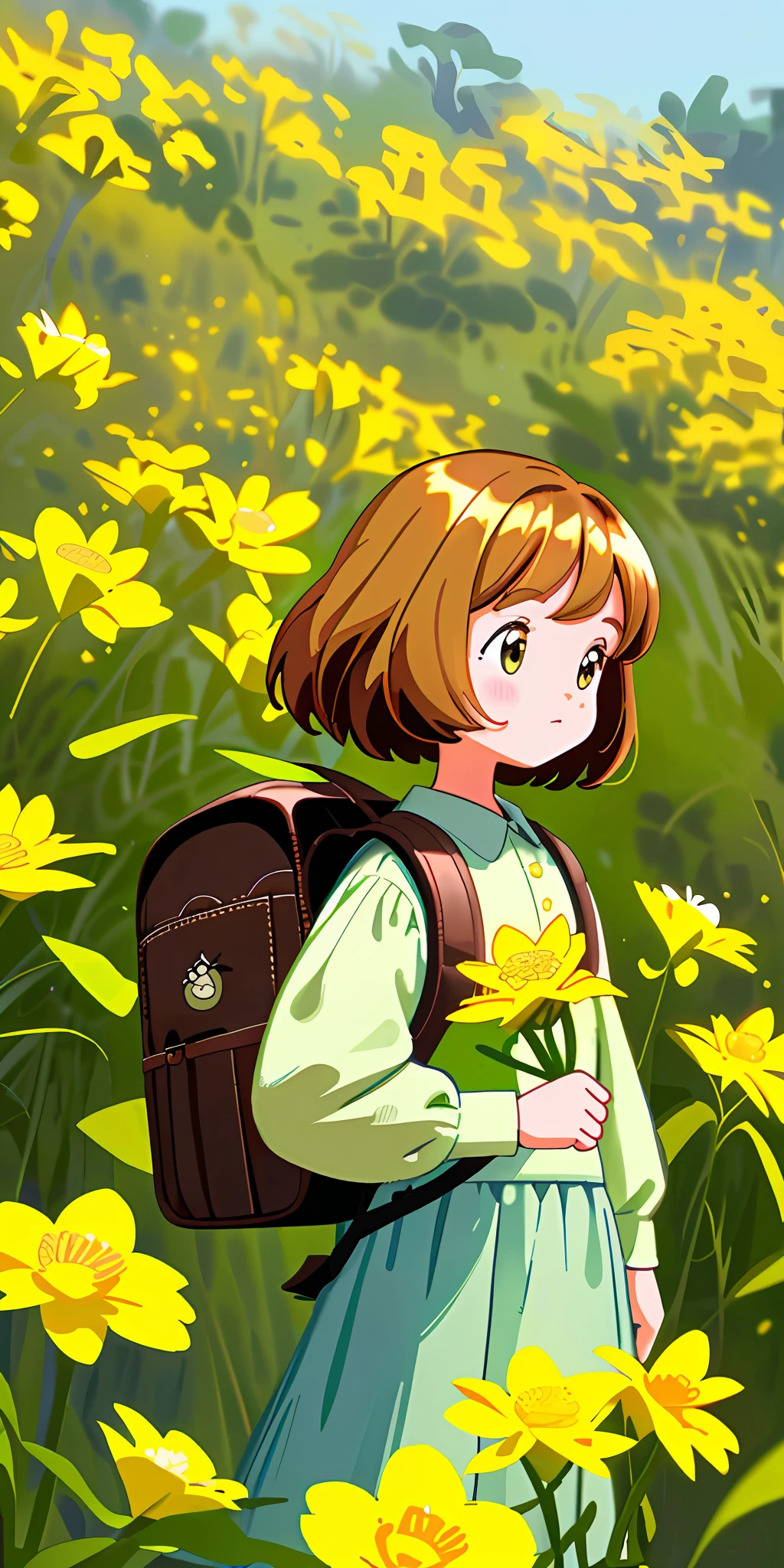 Tip: A very charming with a backpack and her cute puppy enjoying a lovely spring outing surrounded by beautiful yellow flowers and nature. The illustration is a high-definition illustration in 4k resolution, featuring highly detailed facial features and cartoon-style visuals.