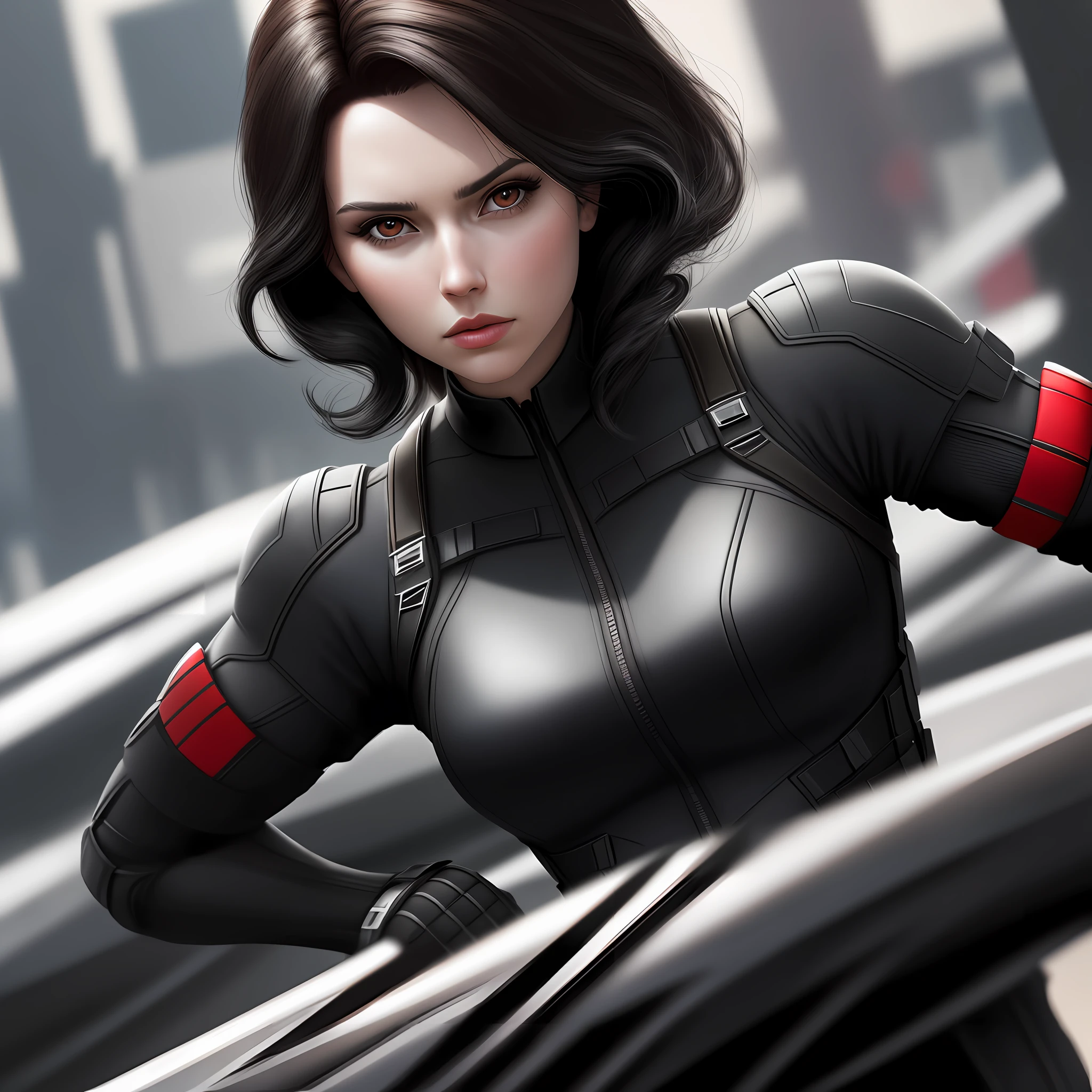 Black widow, black hair, brown eyes, realistic photo, ultrarealistic, 8k, 3d