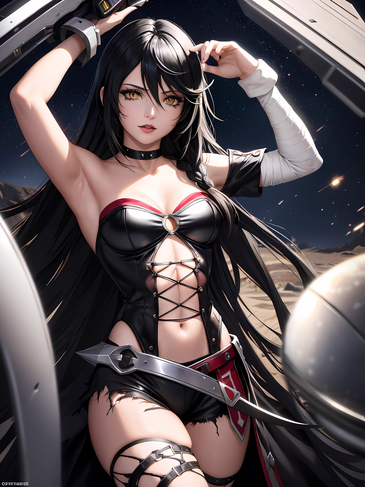 masterpiece, ultra high quality CG, best quality, perfect picture, solo, Velvet Crowe (yellow eyes, white skin, messy black hair too long, choker, small breasts, lipstick, makeup, eyeliner) wearing a onepiece mass effect Future armor, in a spaceship, arms UP, armpits
