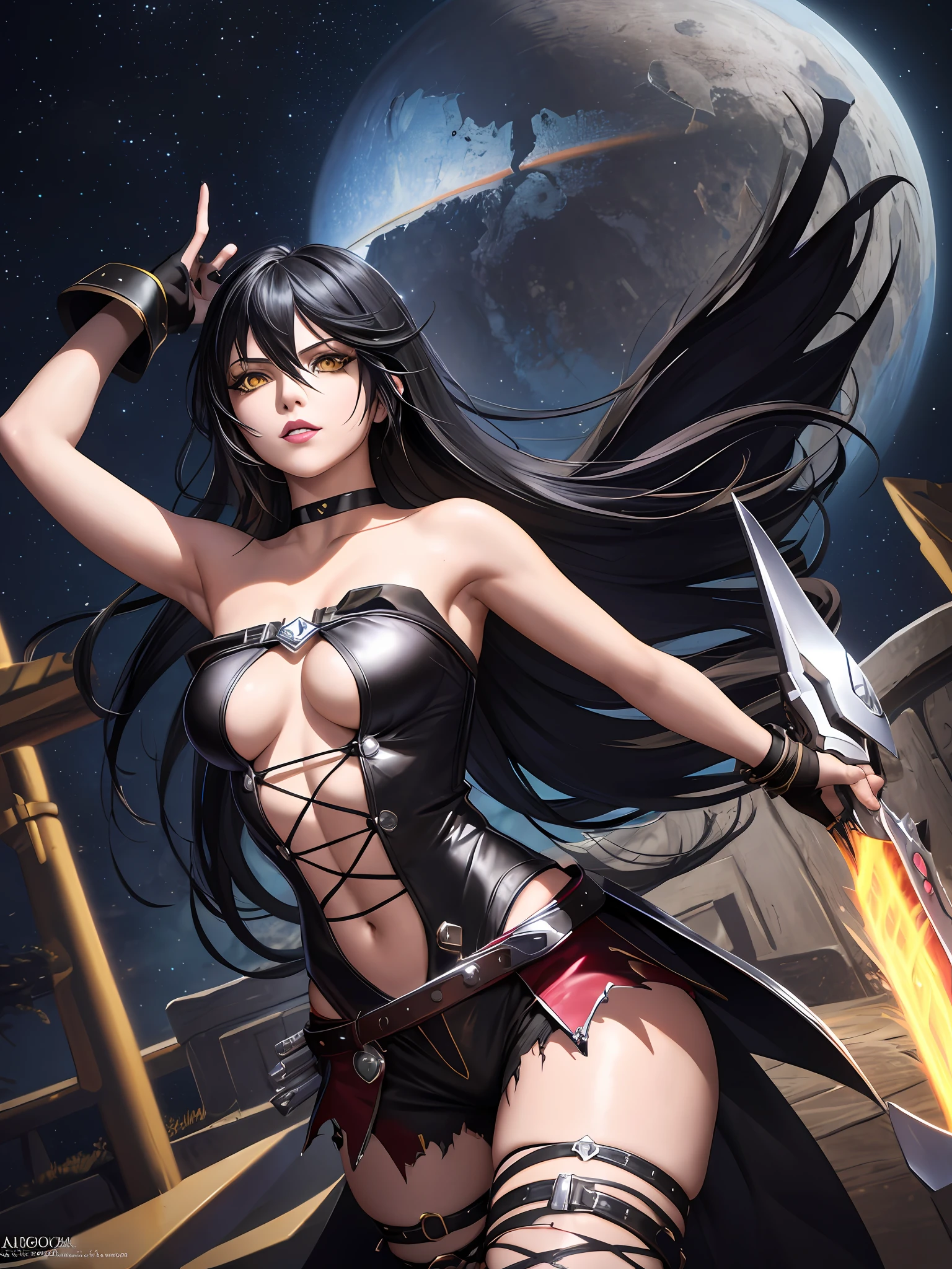 masterpiece, ultra high quality CG, best quality, perfect picture, solo, Velvet Crowe (yellow eyes, white skin, messy black hair too long, choker, small breasts, lipstick, makeup, eyeliner) wearing a onepiece mass effect Future armor, in a spaceship, arms UP, armpits