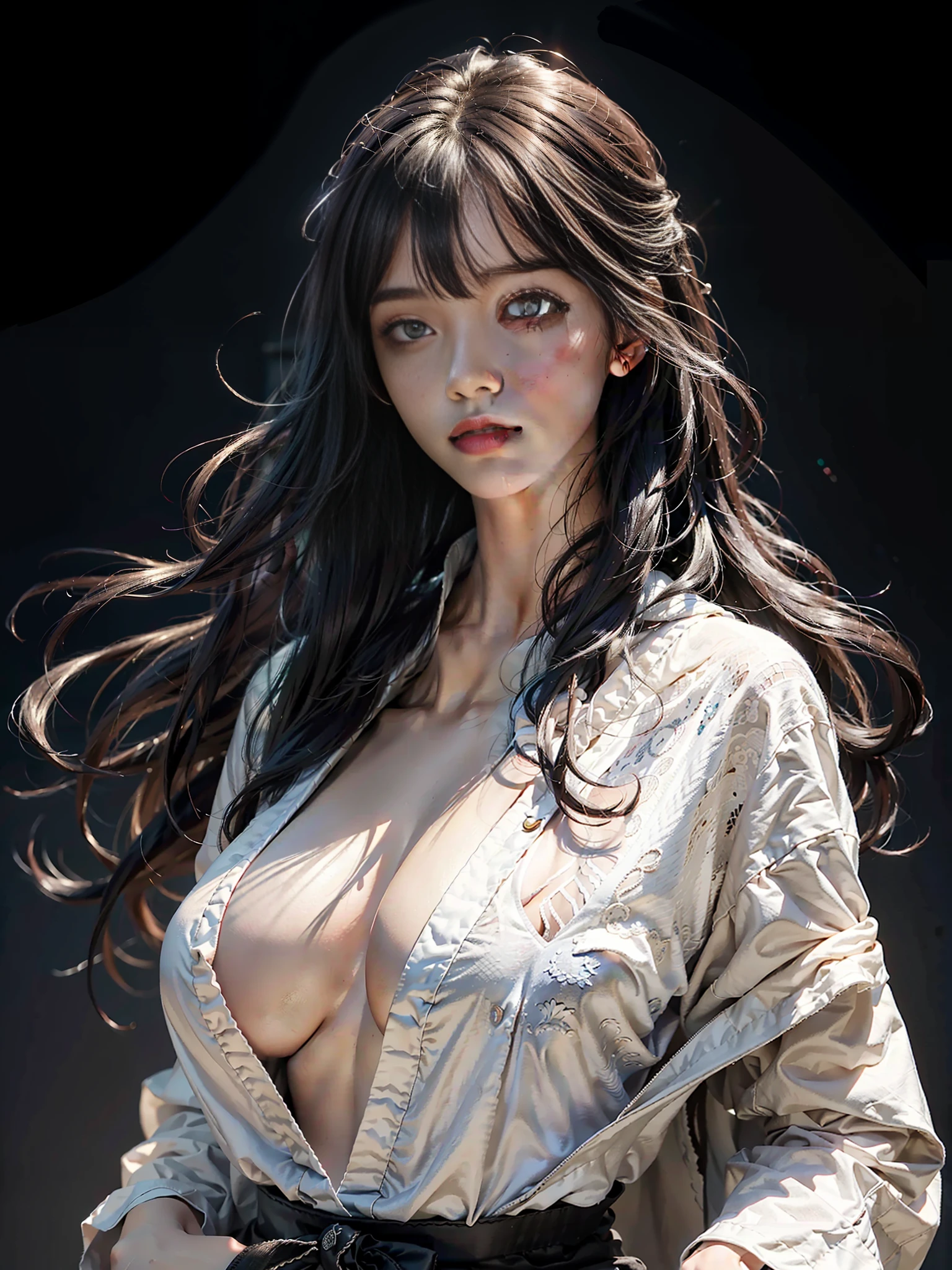 Best Quality, Masterpiece, Super High Resolution, (Realisticity: 1.4), Original Photo, 1Girl, Cinematic Lighting, Long Black Hair, Straight Hair, Straight Hair with a Shawl, Bangs, Air Bangs, Karate, Karate Clothes, F Cups, Huge Tits