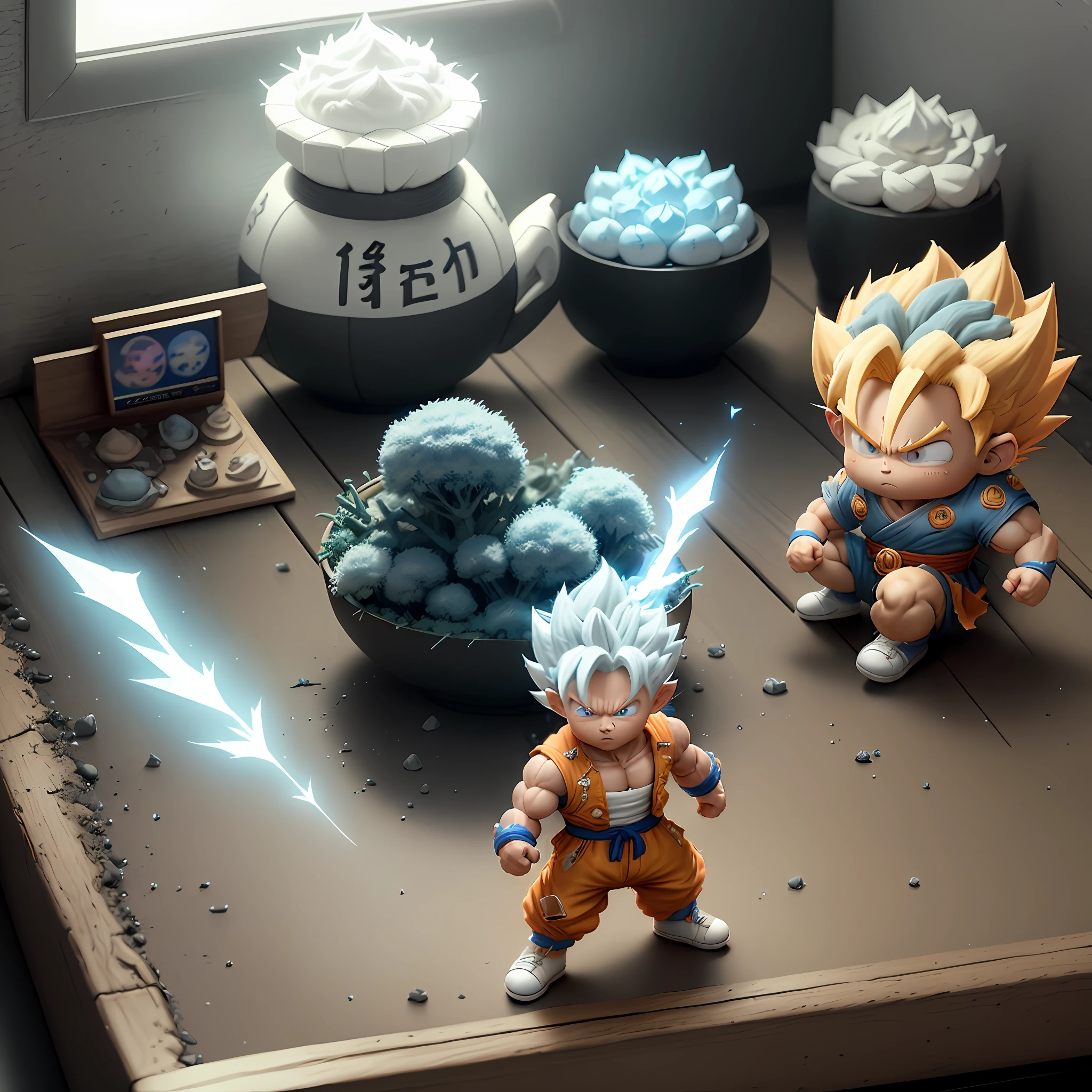 Goku, super saiyan, exquisite hair, arm depiction, white and blue hair body, exquisite shoes, eye depiction, exquisite hair, popmart blind box, clay texture, stepping on the land, black and white background, natural lighting, most good quality, super detail, 3D art, c4d, OC renderer, 3D rendering, 8k