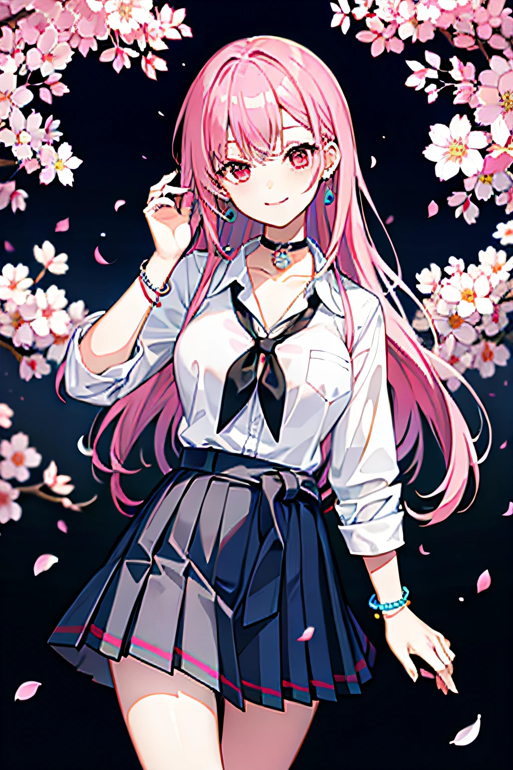 masterpiece, best quality, full body, 1girl, bangs, black choker, black tie, pink hair, blue skirt, blush, bracelet, large breasts, choker, clothes around the waist, collarbone, collar shirt, cowboy shot, dress shirt, ear piercing, eyebrows visible through hair, gradient hair, smile, gyaru, jewelry, kogal, long hair, looking at the viewer, loose tie, tie, piercing, plaid skirt, pleated skirt, red eyes, ring, school uniform, shirt, skirt, smile, solo, white shirt, street, sky, cherry blossoms, petals, illustration, (magazine: 1.3), (cover style: 1.3), elegant, woman, vibrant, clothing, posing, frontal, colorful, dynamic, background, elements, confident, expression, holding, statement, accessory, majestic, rolled, around, touch, scene, text, cover, bold, eye-catching, title, stylish, font, catchy, headline, bigger, impressive, modern, fashionable, focus, fashion,