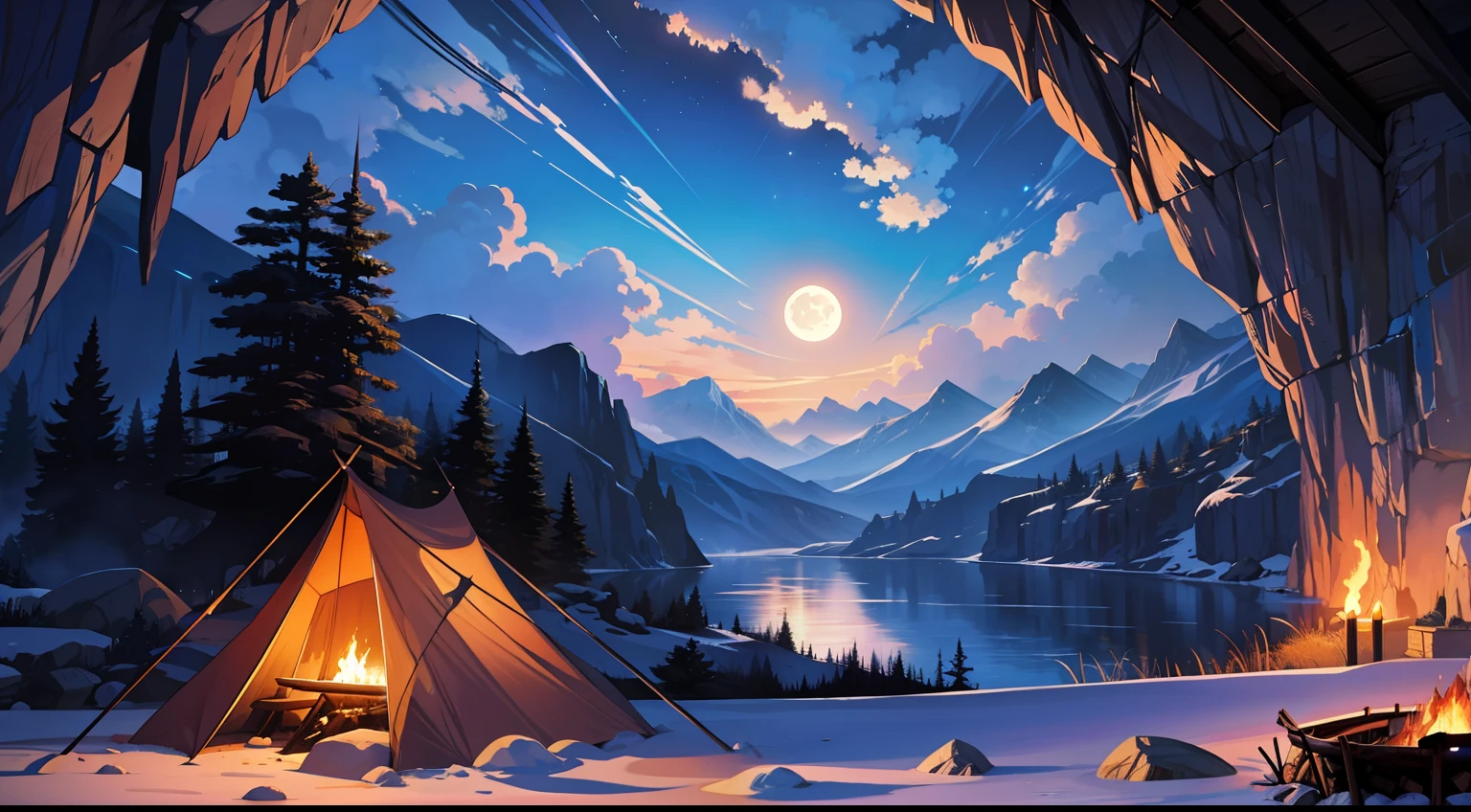 inside cave, campfire, mountains, rivers, clouds, moon, night, masterpieces, HD, high quality, best quality, highres, high quality, high details, masterpiece, anime style, anime,