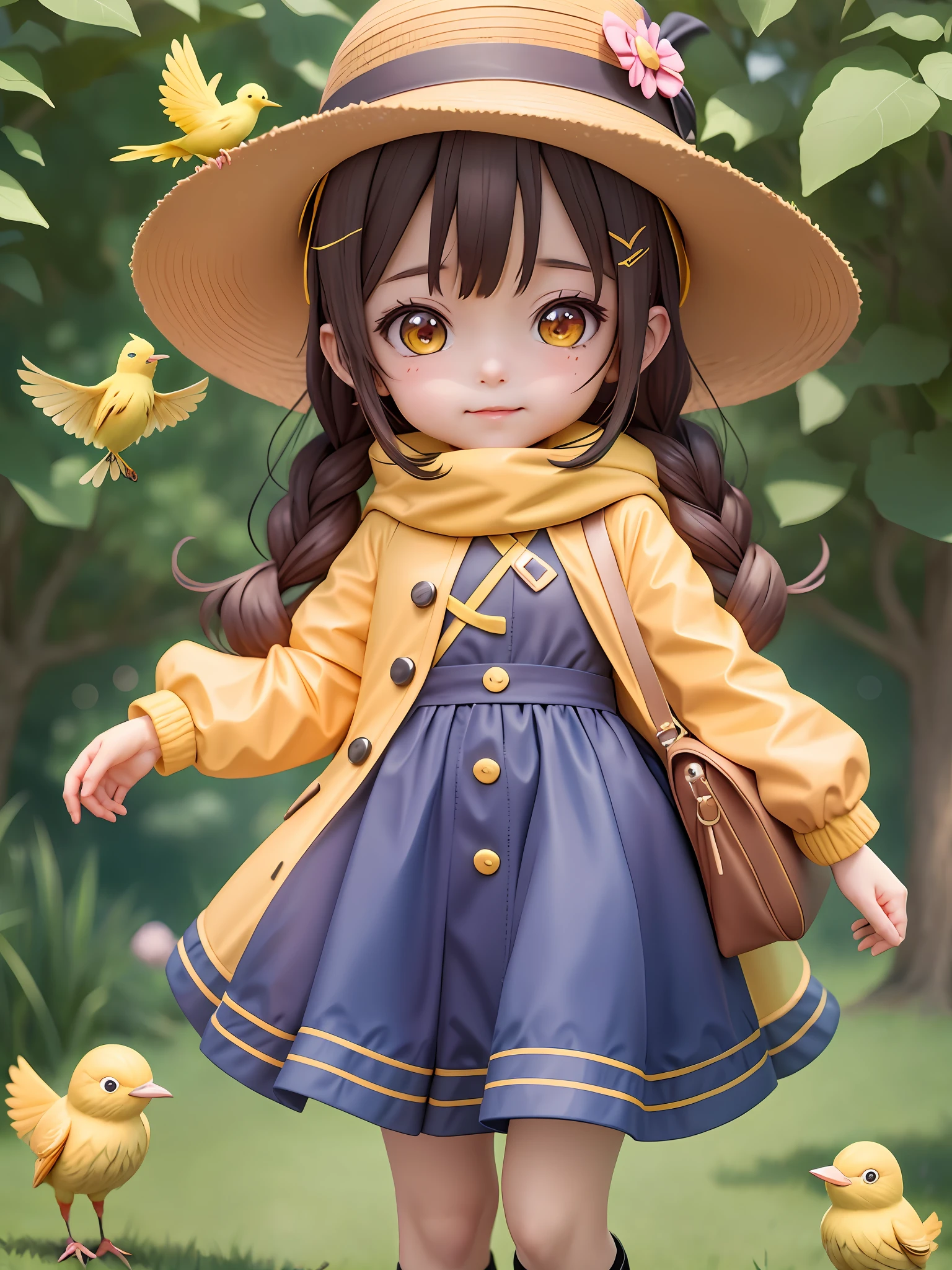 anime girl in yellow coat and hat holding a bird, cute kawaii girl, cute anime girl, cute anime style, ruan cute vtuber, with straw hat, cartoonish cute, cute anime, megumin, anime visual of a cute girl, cute art style, cute cartoon, cute character, it's wearing a cute little hat, cute anime face