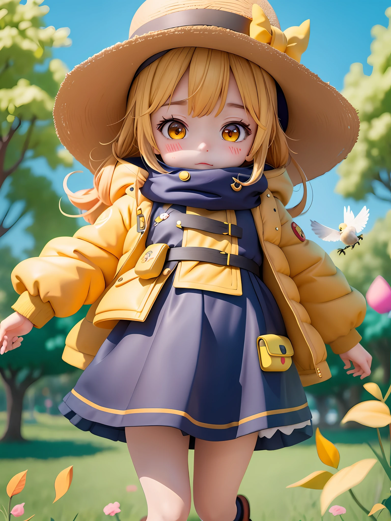 anime girl in yellow coat and hat holding a bird, cute kawaii girl, cute anime girl, cute anime style, ruan cute vtuber, with straw hat, cartoonish cute, cute anime, megumin, anime visual of a cute girl, cute art style, cute cartoon, cute character, it's wearing a cute little hat, cute anime face