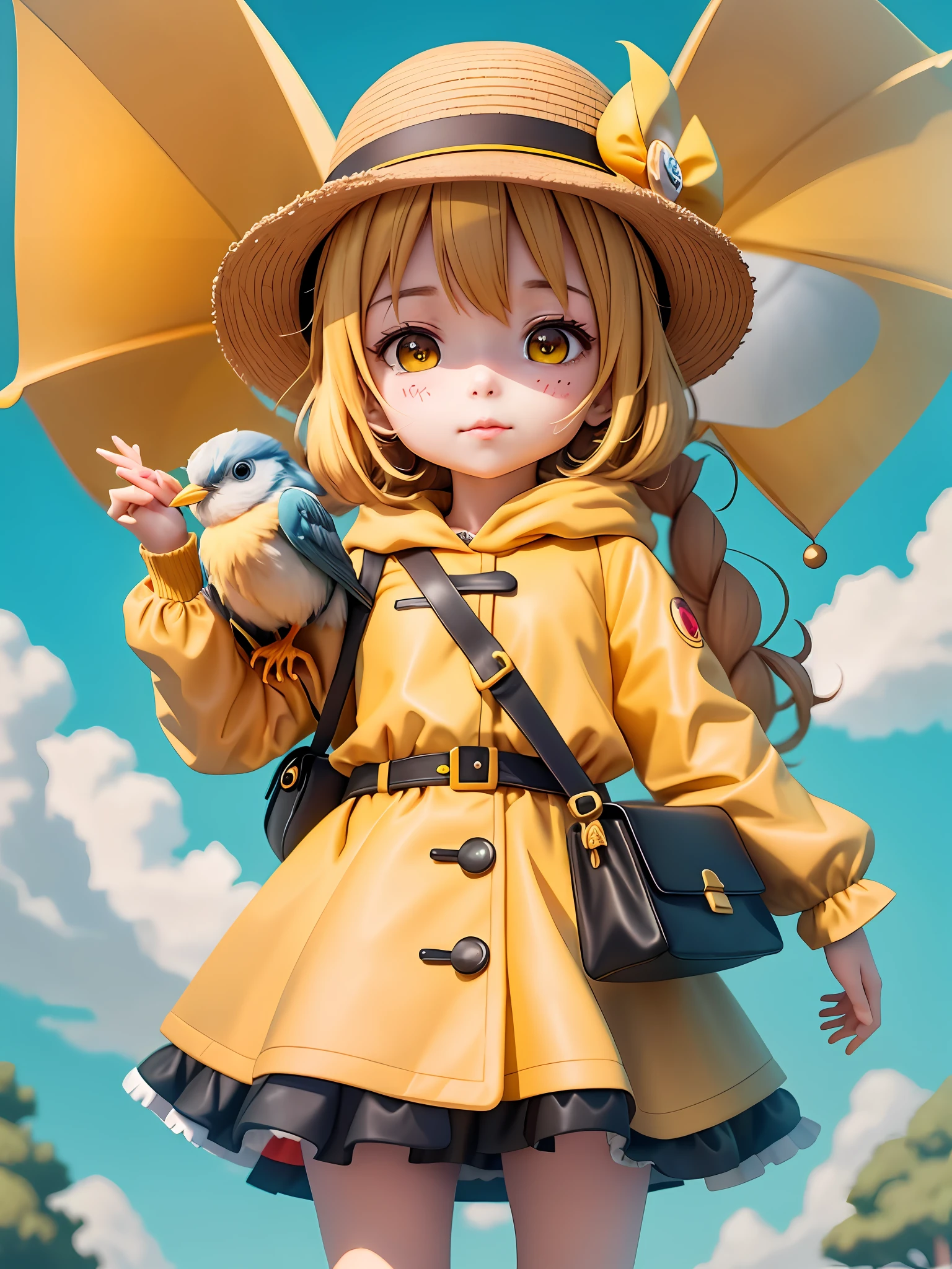 anime girl in yellow coat and hat holding a bird, cute kawaii girl, cute anime girl, cute anime style, ruan cute vtuber, with straw hat, cartoonish cute, cute anime, megumin, anime visual of a cute girl, cute art style, cute cartoon, cute character, it's wearing a cute little hat, cute anime face