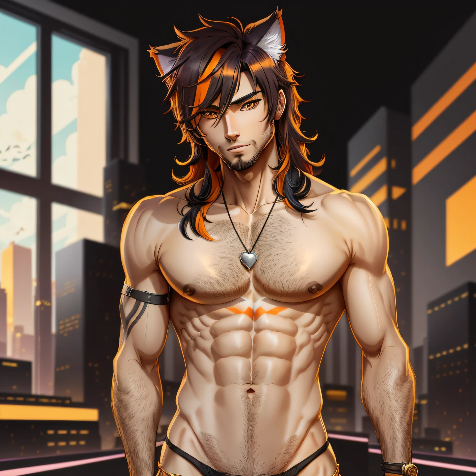 thin male solo cartoon cat by zackary911 hair over eyes wearing fashionable black thong , small waist broad chest orange mane slim scruffy colorful variety of colors --auto --s2