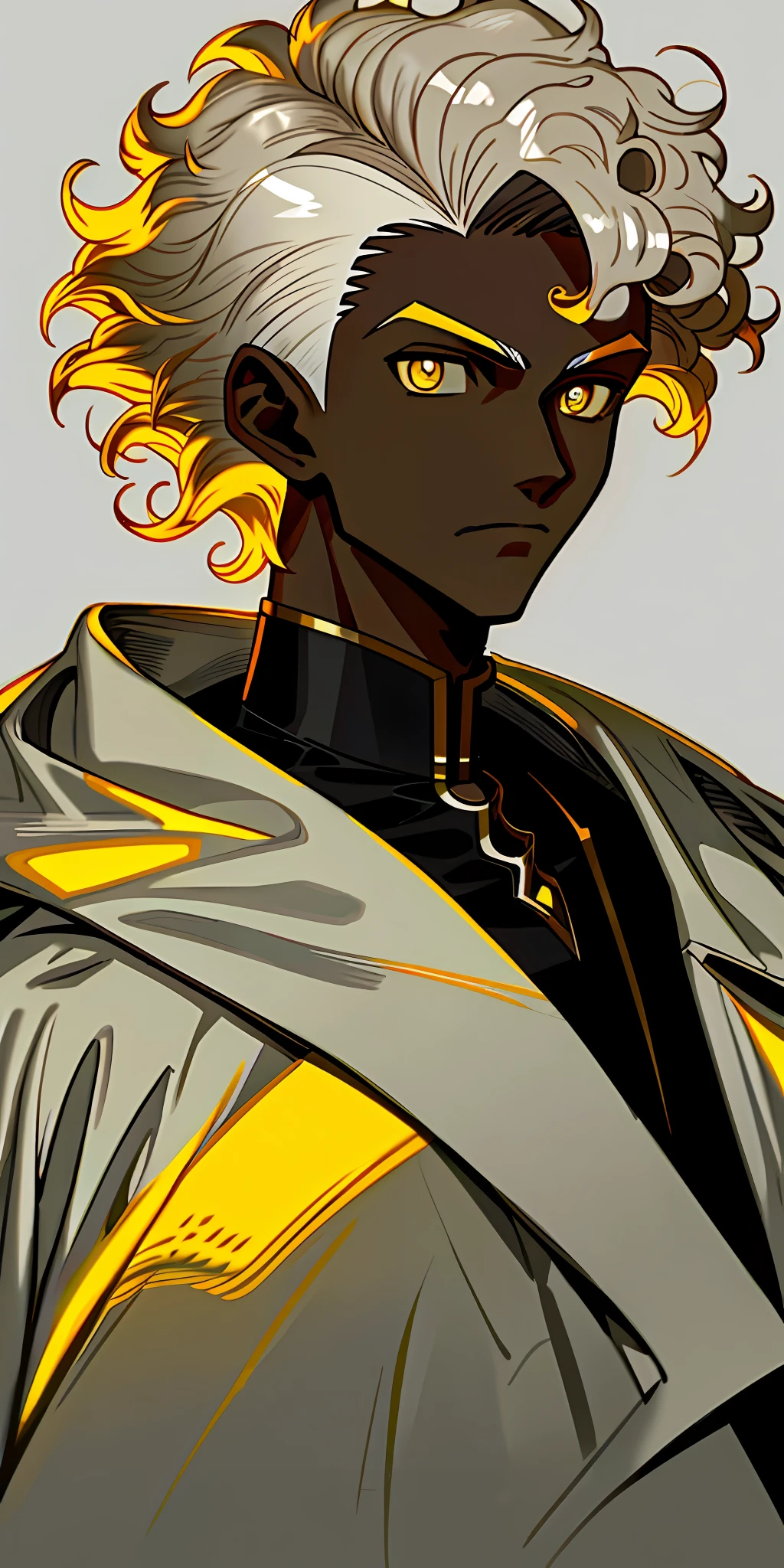 1boy, dark skin, short white curly hair, shaved side, coat, yellow eyes, portrait, gray background