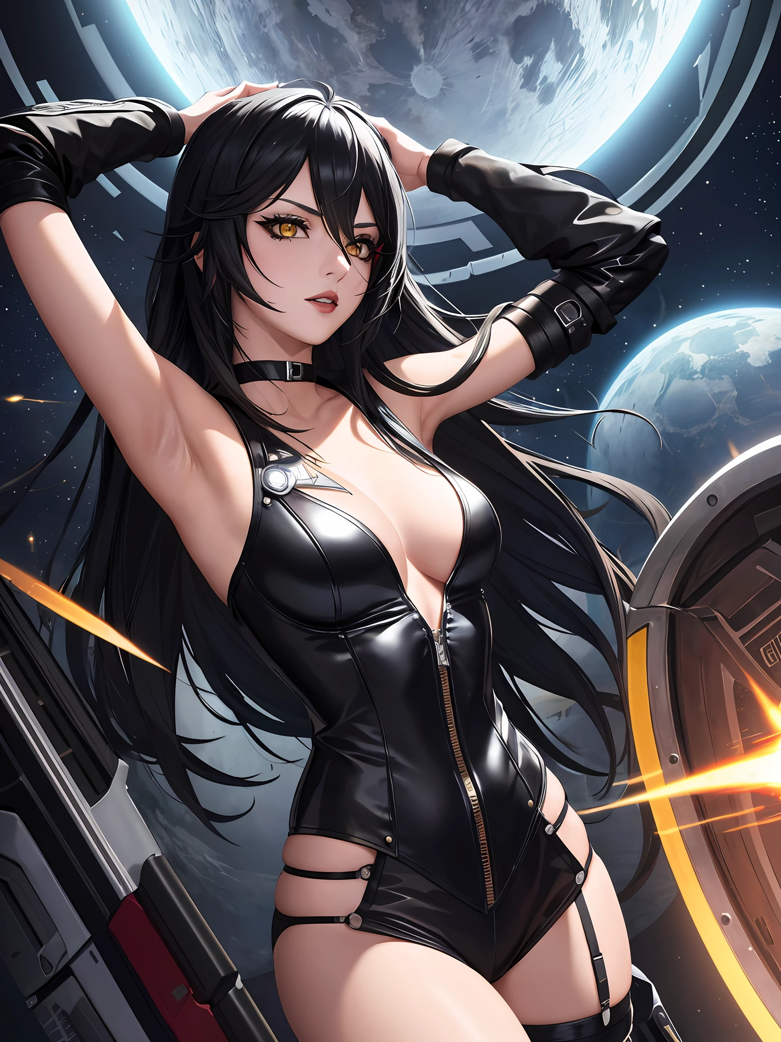 masterpiece, ultra high quality CG, best quality, perfect picture, solo, Velvet Crowe (yellow eyes, white skin, messy black hair too long, choker, small breasts, lipstick, makeup, eyeliner) wearing a onepiece mass effect Future armor, in a spaceship, arms UP, armpits