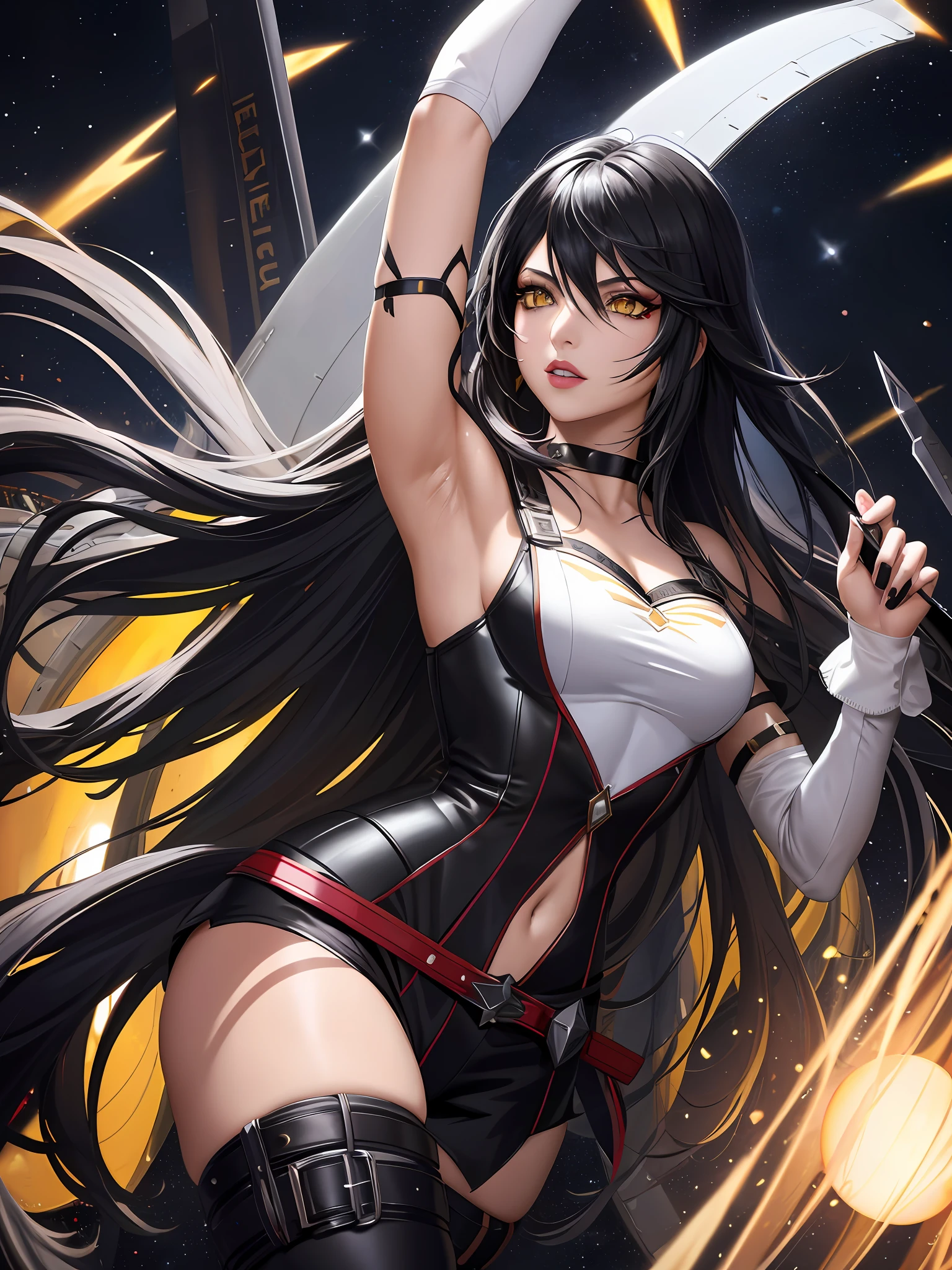 masterpiece, ultra high quality CG, best quality, perfect picture, solo, Velvet Crowe (yellow eyes, white skin, messy black hair too long, choker, small breasts, lipstick, makeup, eyeliner) wearing a onepiece mass effect Future armor, in a spaceship, arms UP, armpits