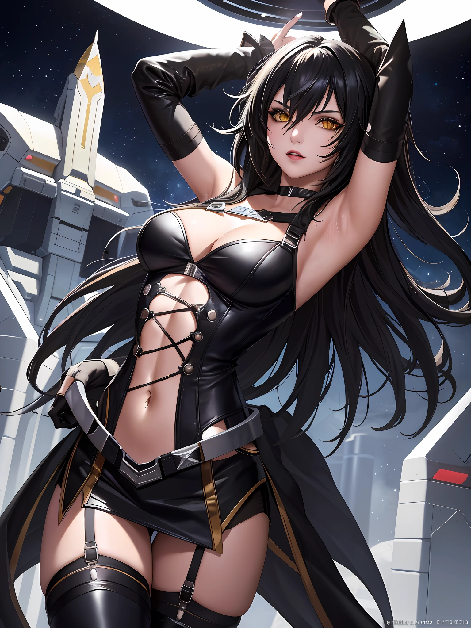 masterpiece, ultra high quality CG, best quality, perfect picture, solo, Velvet Crowe (yellow eyes, white skin, messy black hair too long, choker, small breasts, lipstick, makeup, eyeliner) wearing a onepiece mass effect Future armor, in a spaceship, arms UP, armpits