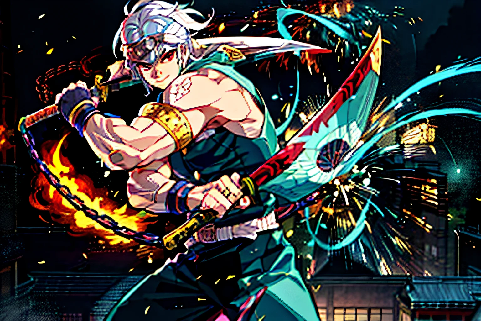 A shinobi standing on a rooftop wielding 2 blades, 1guy, demon slayer, tengen uzui, shinobi, anime, ultra detailed, beautiful body, detailed clothes, good physique, detailed background, white hair, sword, running, chain, 1guy, solo, fullbody, perfect details, good anatomy, ((tengen dual nichirin sword:0,8)), the sword from the reference image