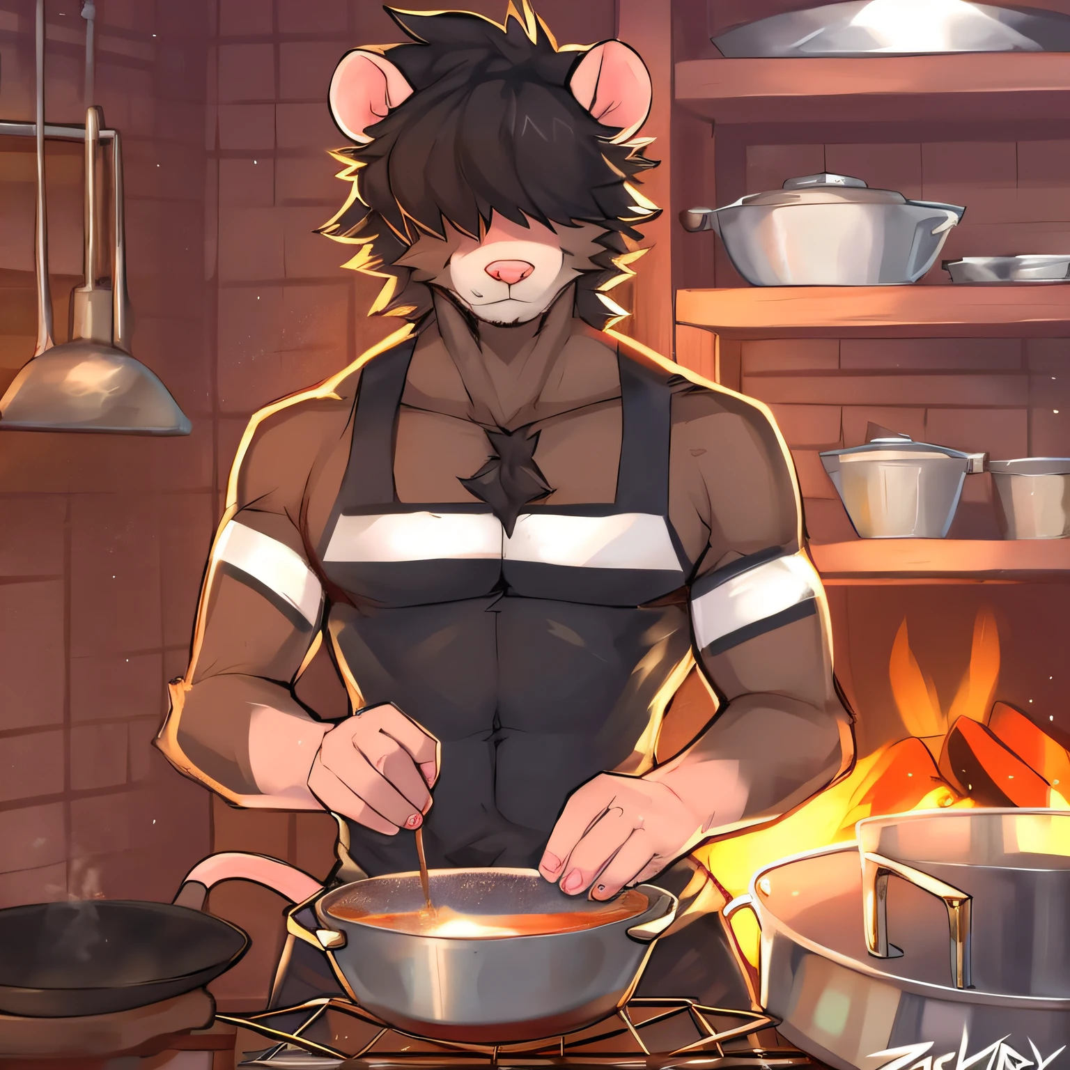 thin male solo cartoon possum by zackary911 hair over eyes, in cooking pot, small waist broad chest big mane slim scruffy colorful variety of colors