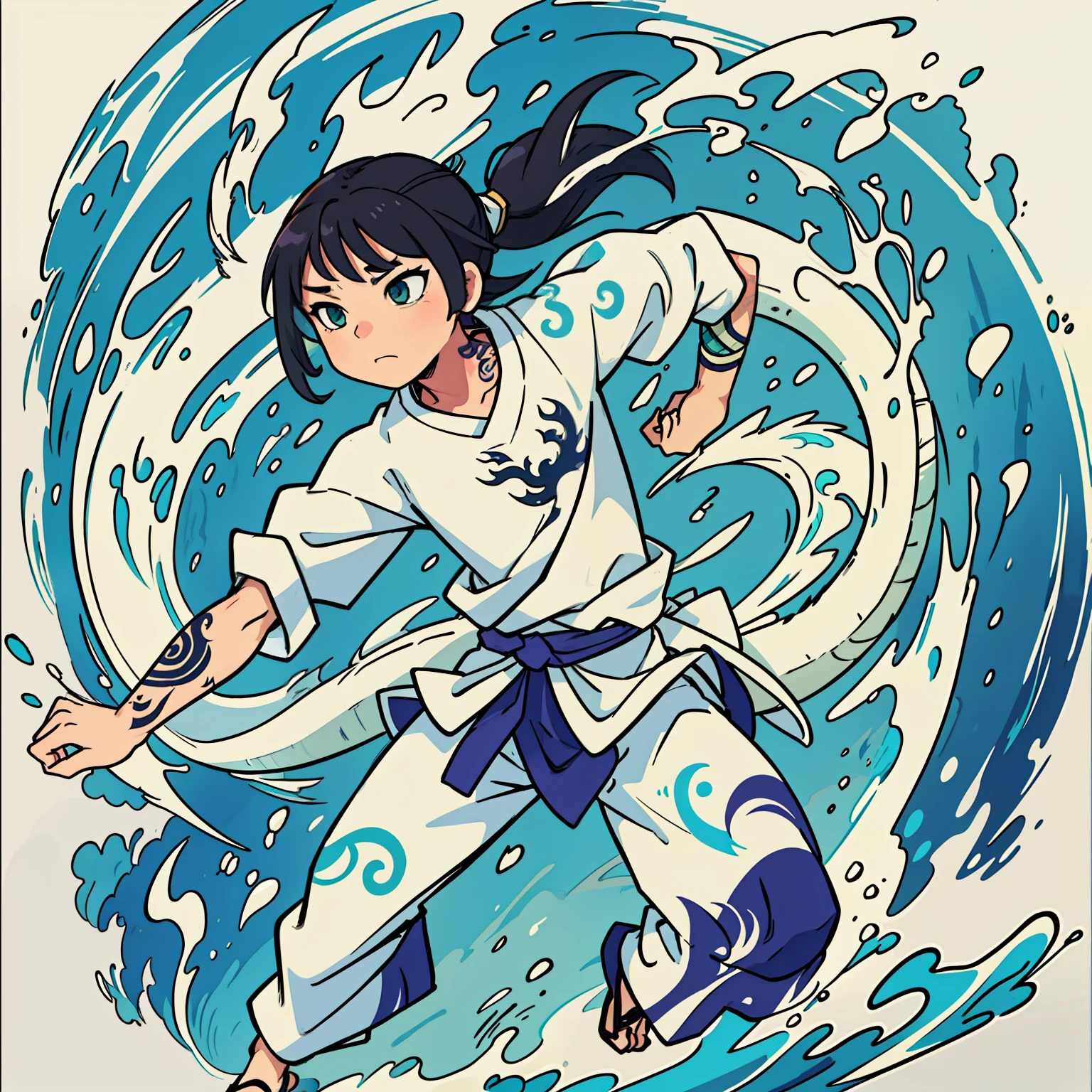 haku from chihiro adventure, male character, such traits as from neo traditional tattoos, graffiti strokes, aggressive thick strokes, drawing, digital painting, 2 dimensions, ultra detailed, water splashes on background, haku white dragon on background, correct hands