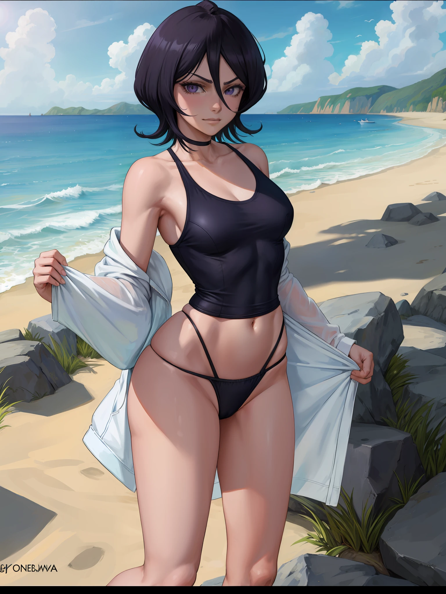 anime screenshot, beach, water, sun, blue sky,
1girl, solo, short hair, black hair, purple eyes, looking at the viewer, hair between eyes, cowboy shot, closed mouth, smirk, standing, sweatshirt, bare legs, swimsuit, leaning forward, facing the viewer, unbuttoned, navel, wide hips