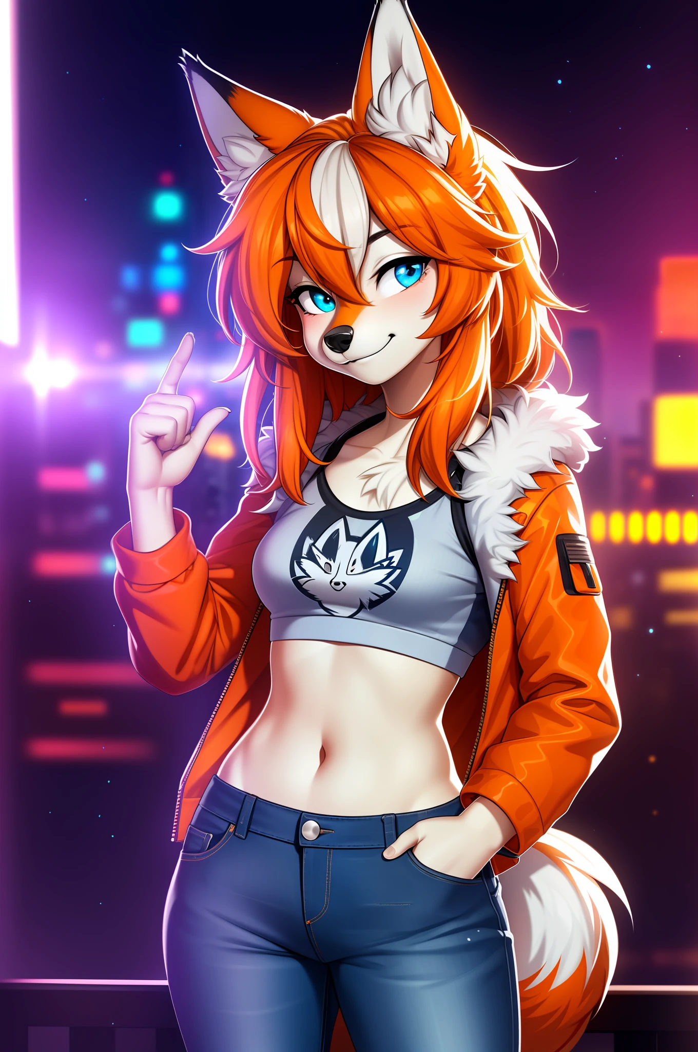 1 girl, (detailed fluffy fur), body skin, solo, fox ears, two-tone hair, (high quality), high resolution, detailed eyes, detailed shadows, red jacket (high quality), high resolution (digital painting), (8k), (tail: 1.1), city buildings, skyline, (hand in pocket: 1.1), jeans, (neon lights: 1.1), night, crowded, bright light,  Neon, small chest, t-shirt rock band, (orange [body fur]), wide smile, detailed eyes, (((both hands in pockets)))